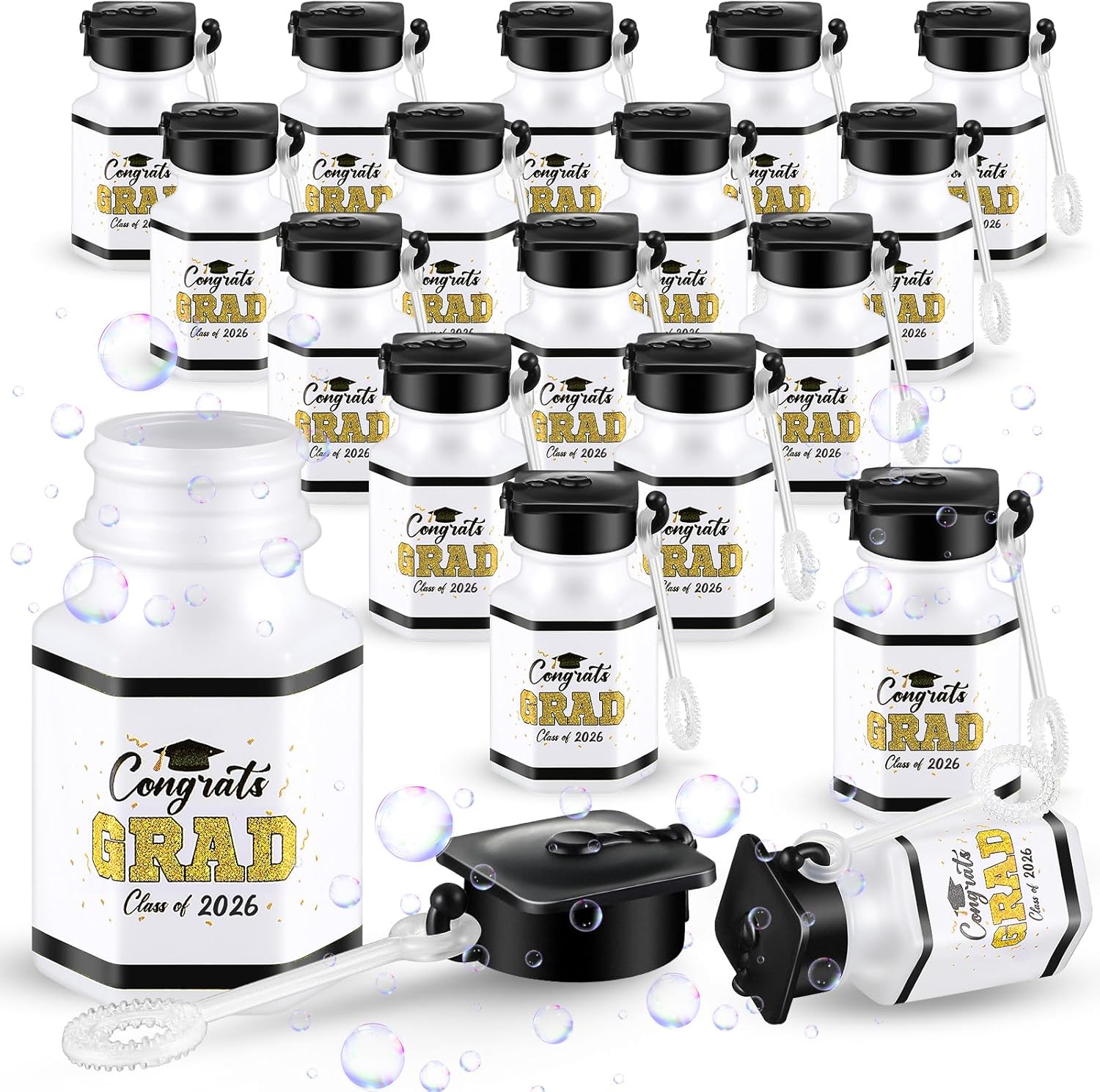 Lunmon 50 Pcs Graduation Bubble Bottles Mini Class of 2026 Graduation Bubble Wands Bulk Toys for Congrats Grad Goodie Bags Filler Gift Ceremony Party Favors(Gold)