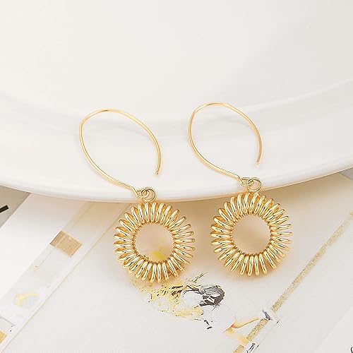 Miniatura 7 de Aretes colgantes largos de oro con forma de bola de simicírculo para mujer, ligeros, circular, moneda, geométricos, planos, cepillados, chapados en