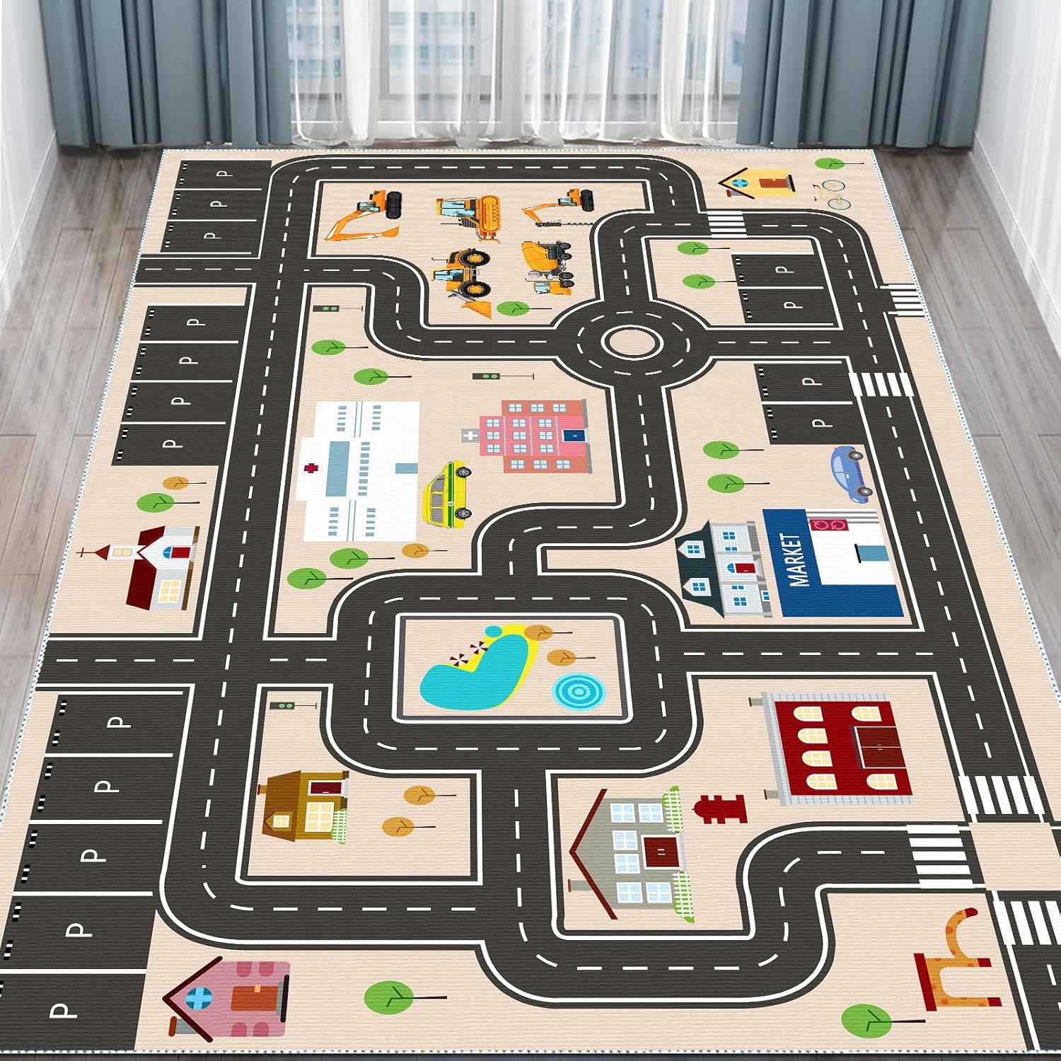 Kids Car Rug Playmat with Non-Slip Rubber Backing，Car City Life Road Carpet，Child Car Traffic Rugs ，Train Track Play Mat(80×120cm/32×47in)