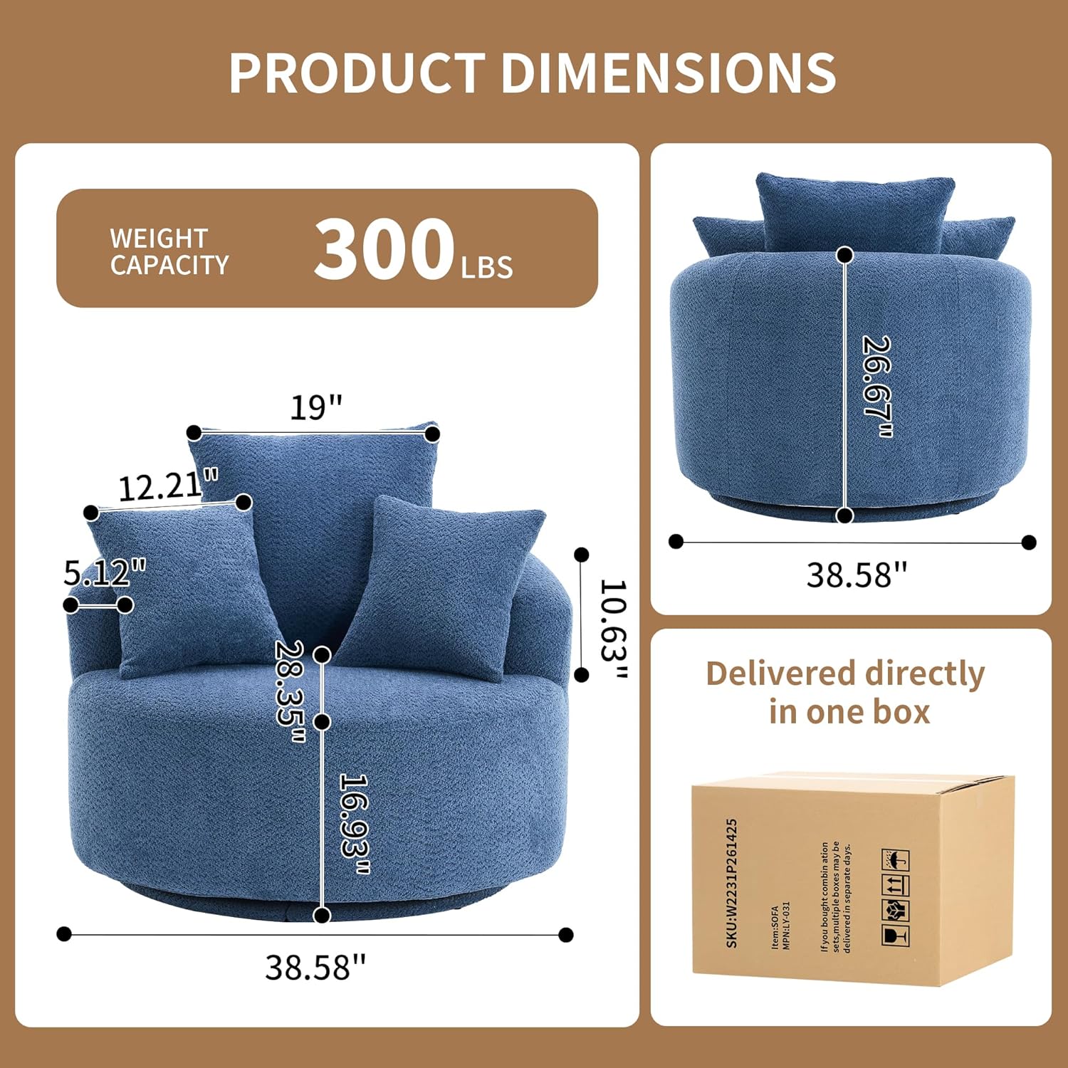 38.58 Inch Single Seat Swivel Sofa Chair,Classical Barrel Shaped Couch,Crochet Yarn Fabric Couches with 3 Pillows,Modern Compressed Sofas for Home Living Room Office Hotel Apartment