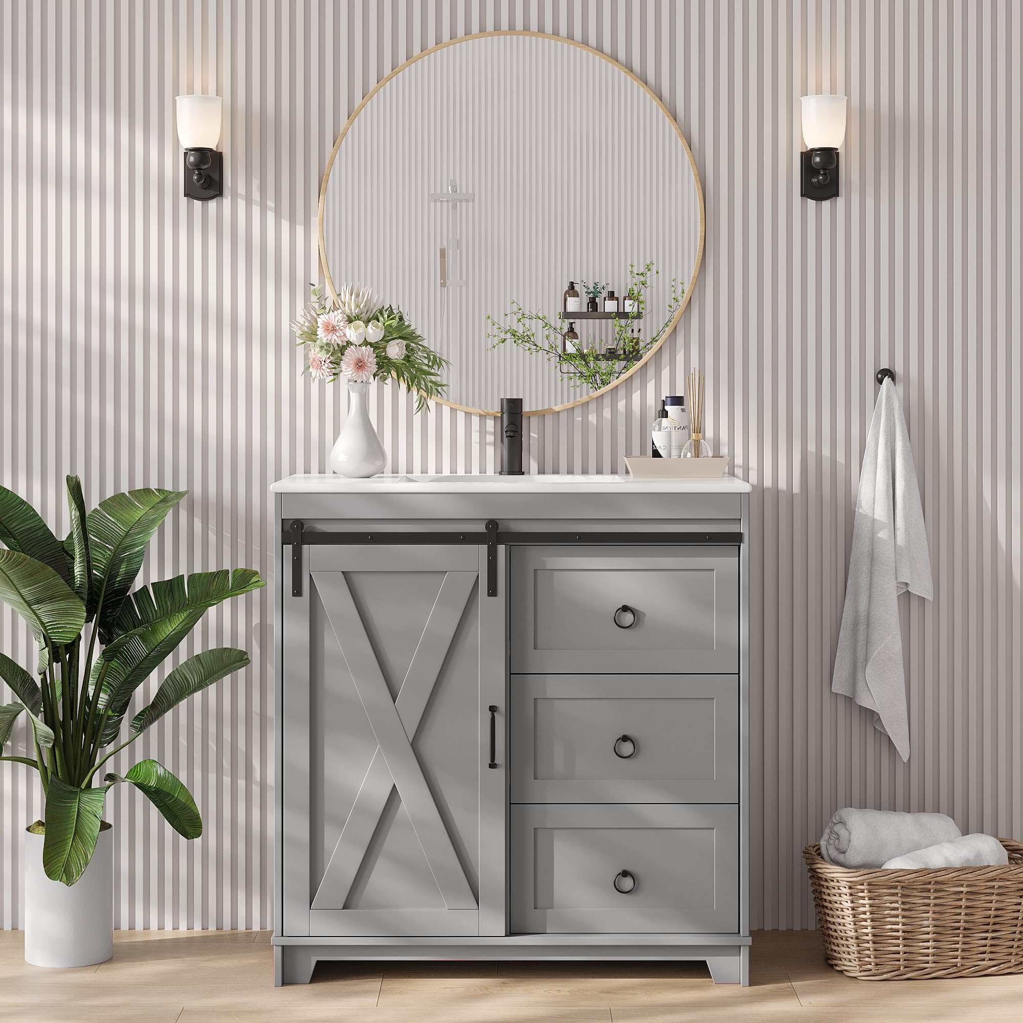 31 Inch Bathroom Cabinet 31-inch Sliding Barn Door Bathroom Vanity With Sink  - Farmhouse Style Vanity Cabinet Combo Farmhouse Bathroom Sink Cabinet, image size:2000x2000