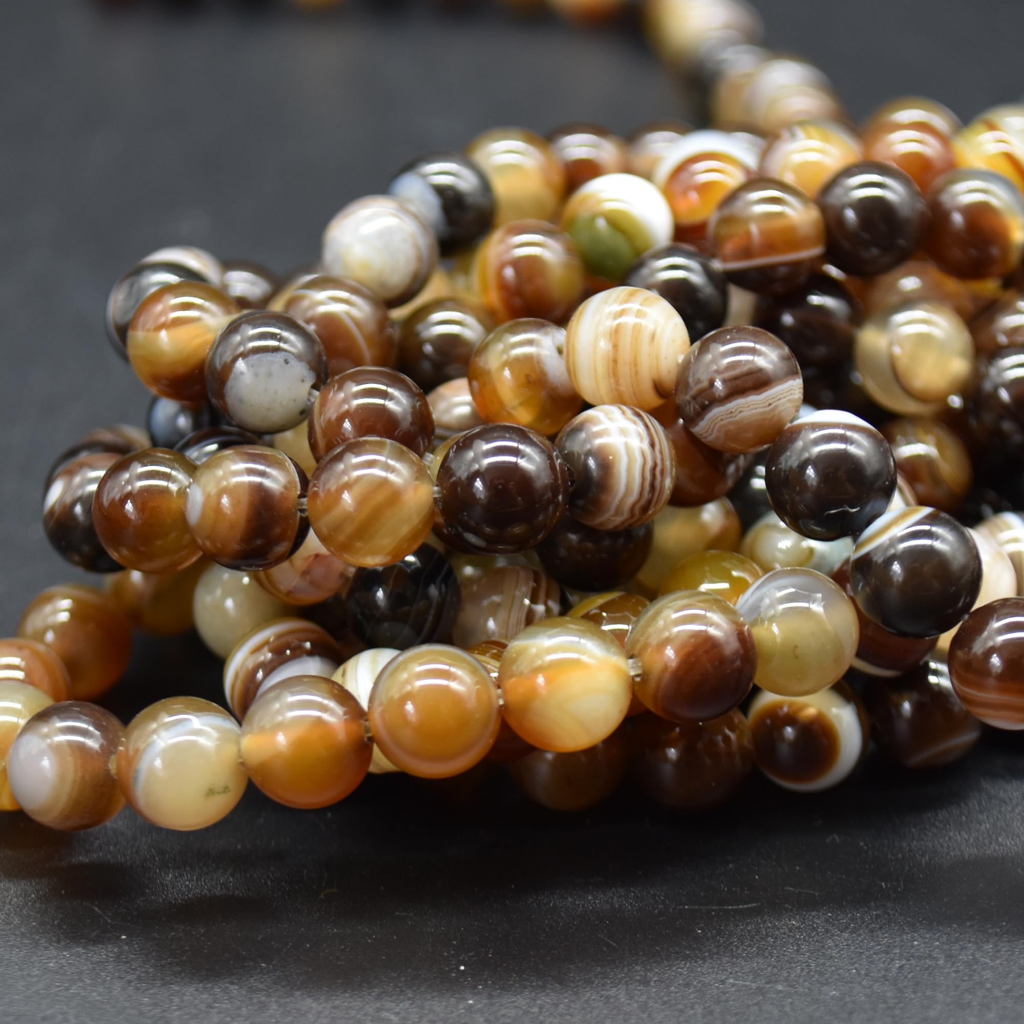 Grade A Natural Banded Brown Agate Semi-Precious Gemstone Round Beads - 8mm - 15.5" Strand