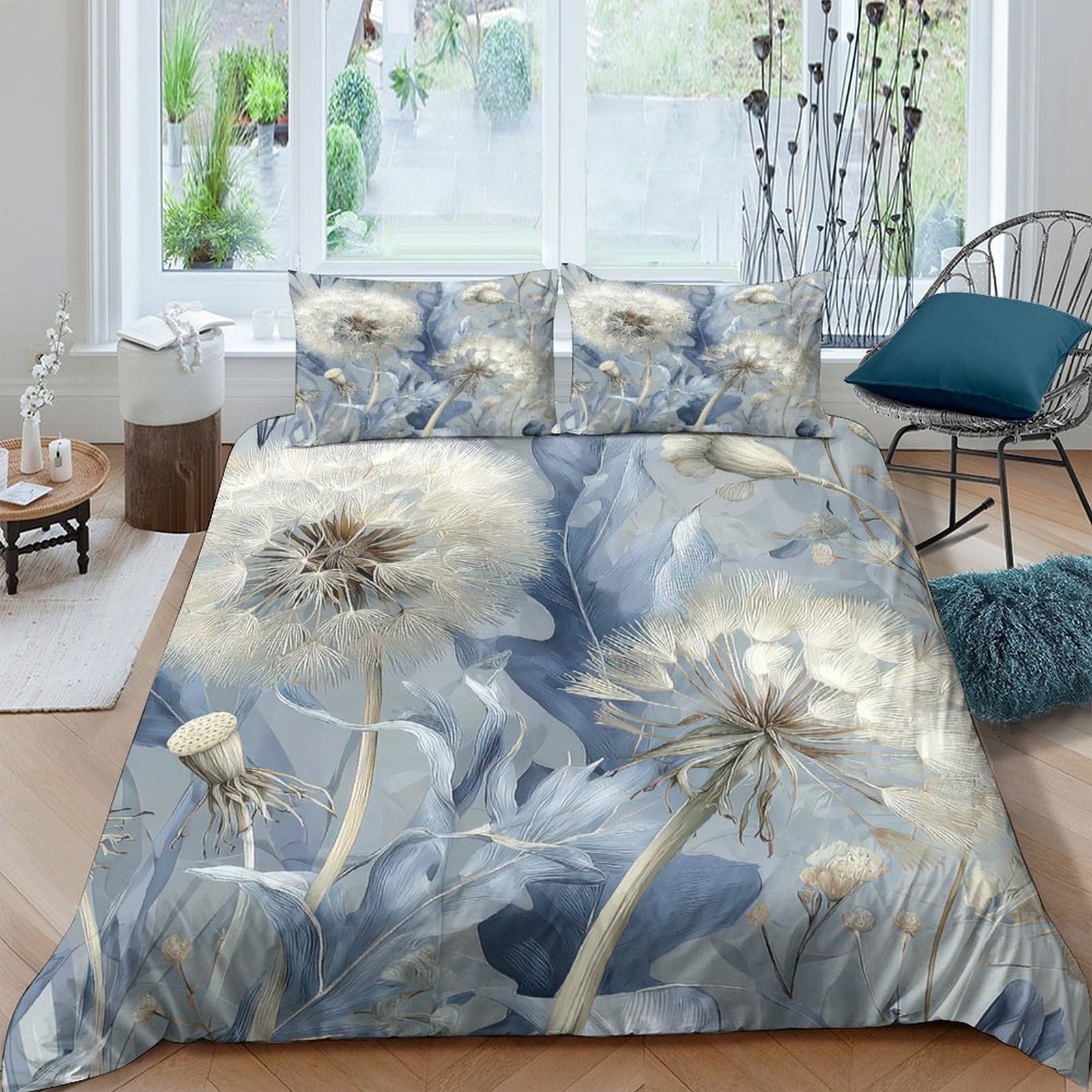 TUFRTGYHN 3D Printed Dandelion Meadow Duvet Cover Set Microfiber Soft Blue Bedroom Decor Quilt Cover with 2 Pillowcases Single（135x200cm）