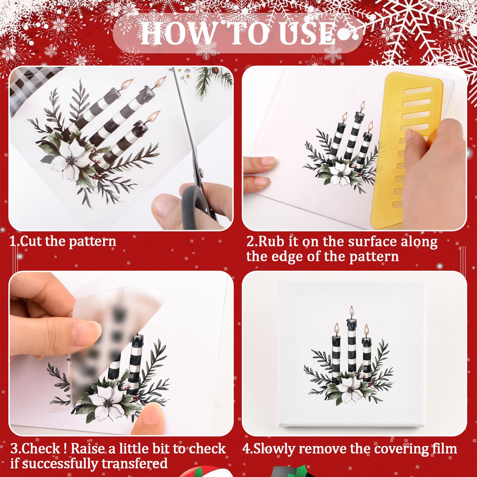 WANDIC 6PCS Christmas Black And White Pattern Rub On Transfer Stickers - Image 3