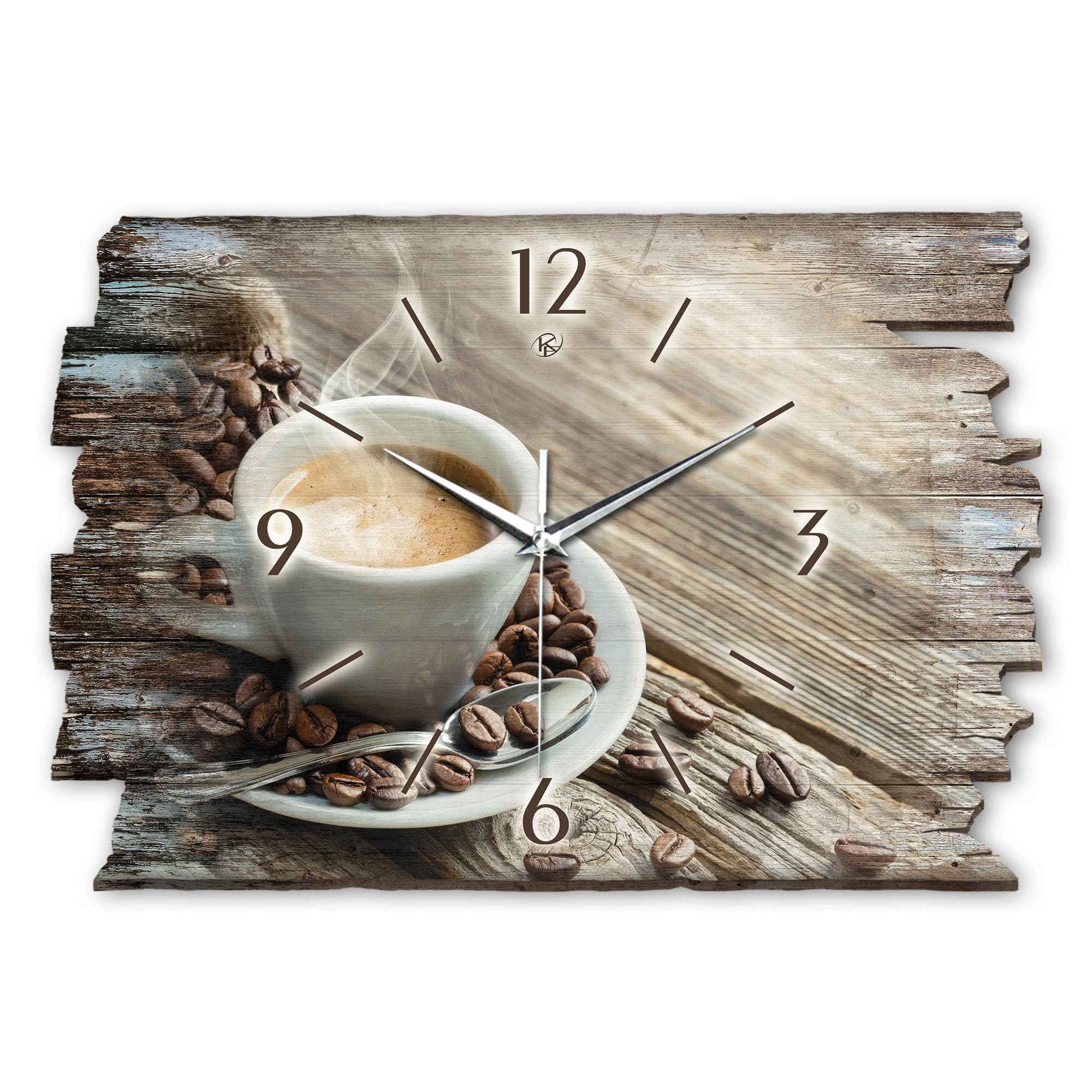 Kreative Feder Designer Wanduhr „Kaffee“ aus Holz 40x27cm im Shabby Style Design - Designeruhr mit flüsterleisem Uhrwerk ohne Ticken (Kaffee, leises Funkuhrwerk)