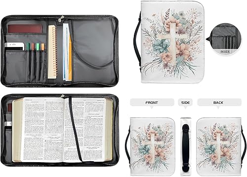 Miniatura 4 de Fundas de cuero para la Biblia para mujer con estampado de cruz, funda de Biblia floral estética con asa, almacenamiento para bolígrafos, bolsillo