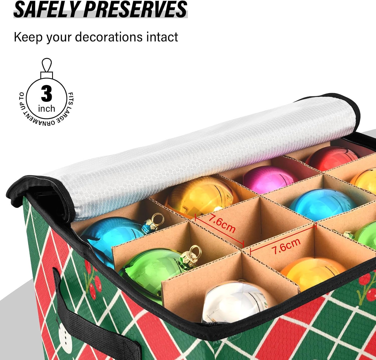 High Capacity Christmas ornament storage bag Holds Up to 64, Two Handles Foldable Holiday Storage Case with Lid,Christmas Red and Green Checkered Pattern