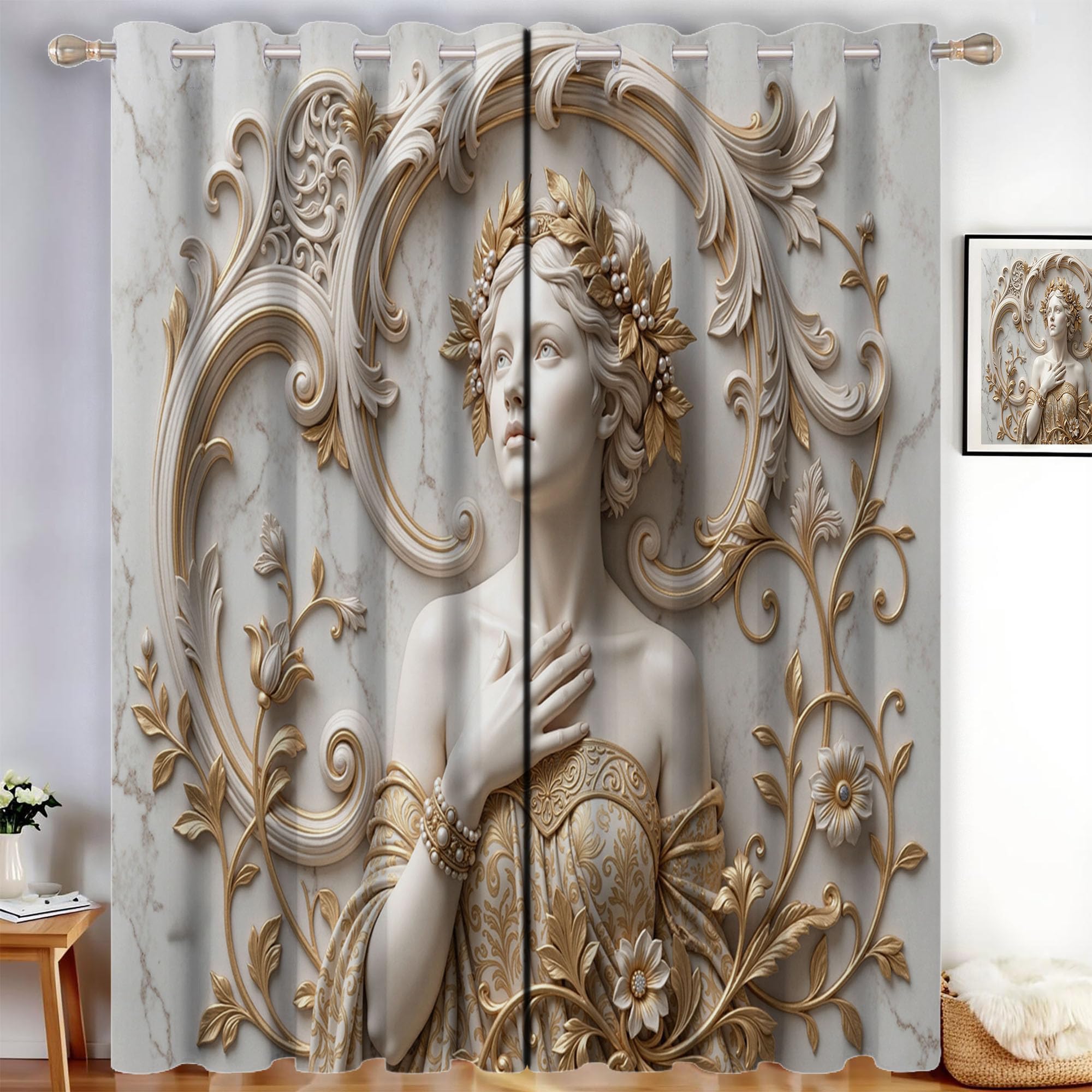 Europäischer Palast Schallschutz Blickdichte Vorhänge Wohnzimmer, 3D-Schöne Frau Verdunklungsvorhänge, Gold Thermovorhang Gardinen Mit Ösen Schlafzimmer - H175 x B140 cm (2er Pack)