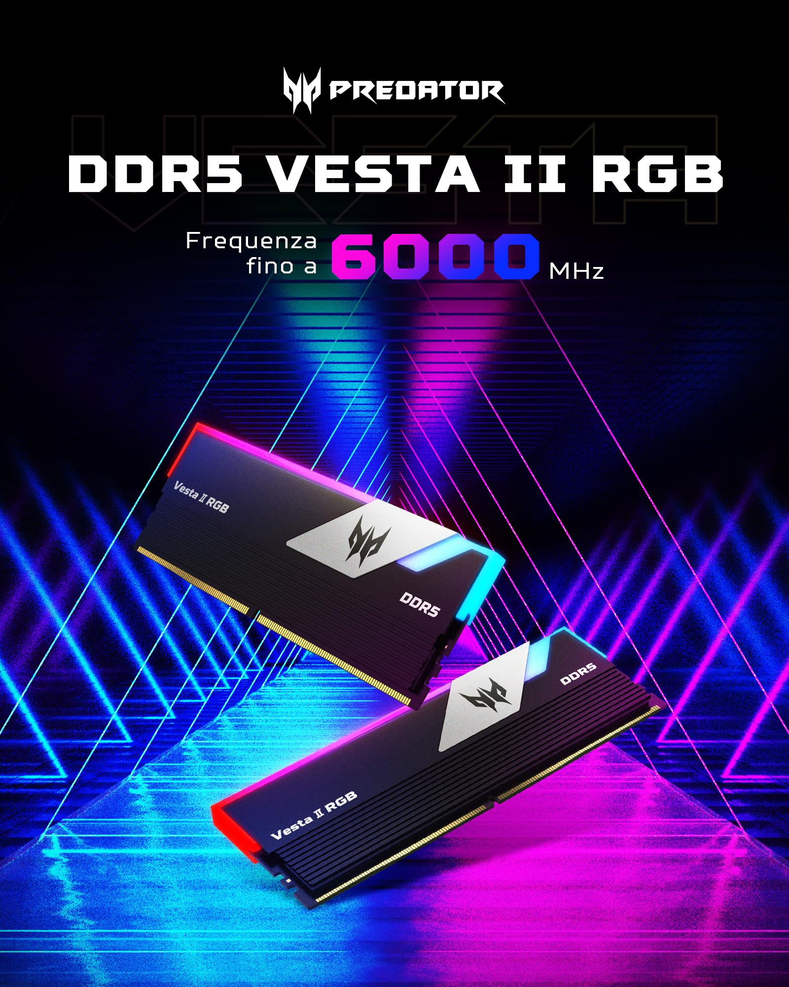 Acer Predator Vesta II DDR5 RGB 32GB (16GB x 2) 6000MHz CL36 - compatibile con Intel XMP 3.0 e AMD Expo - Memoria RAM per computer da gioco PC (Nero)
