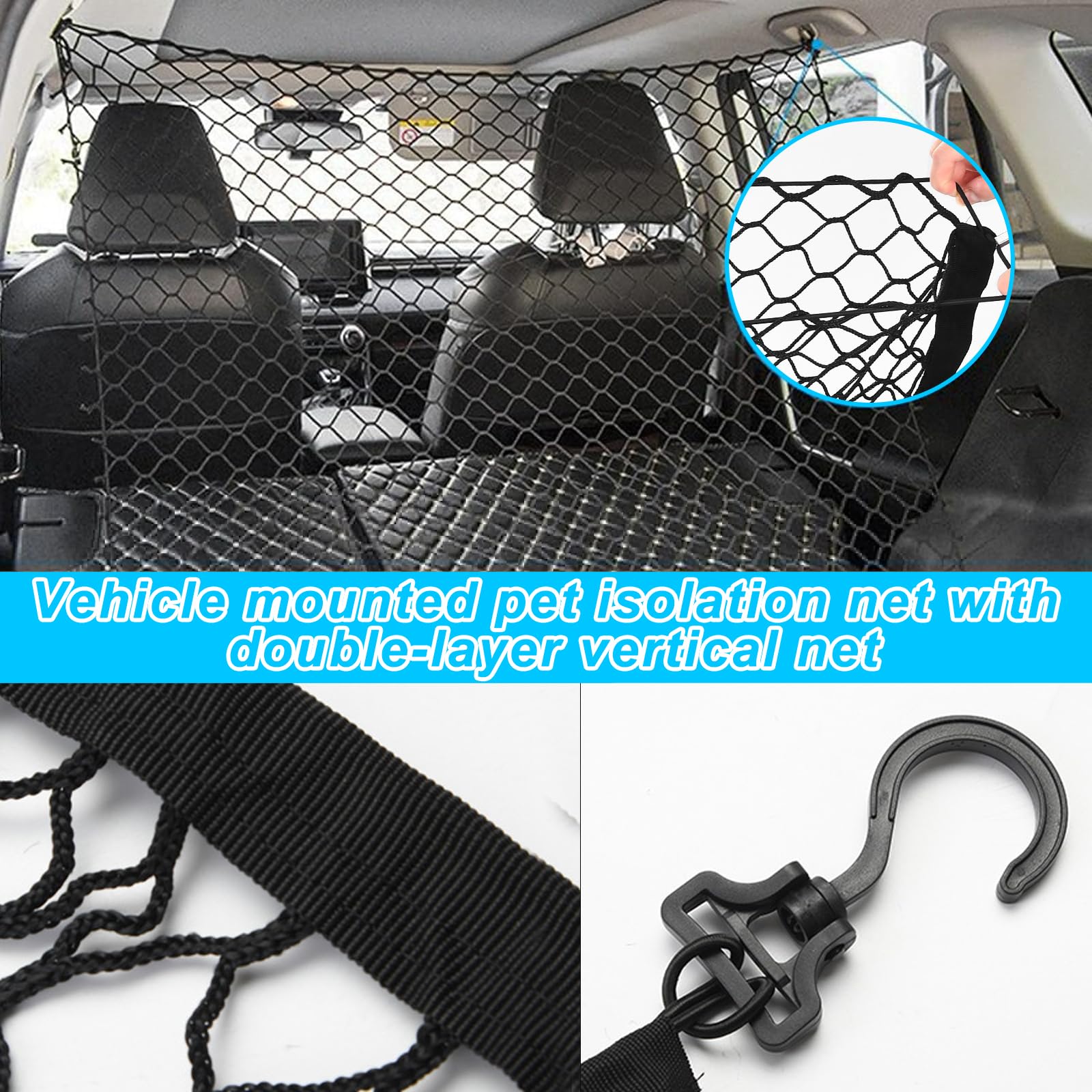 Rejilla de protección para coche, red de separación de barreras para perros, ganchos de polipropileno, color negro, elasticidad, 120 x 90 cm