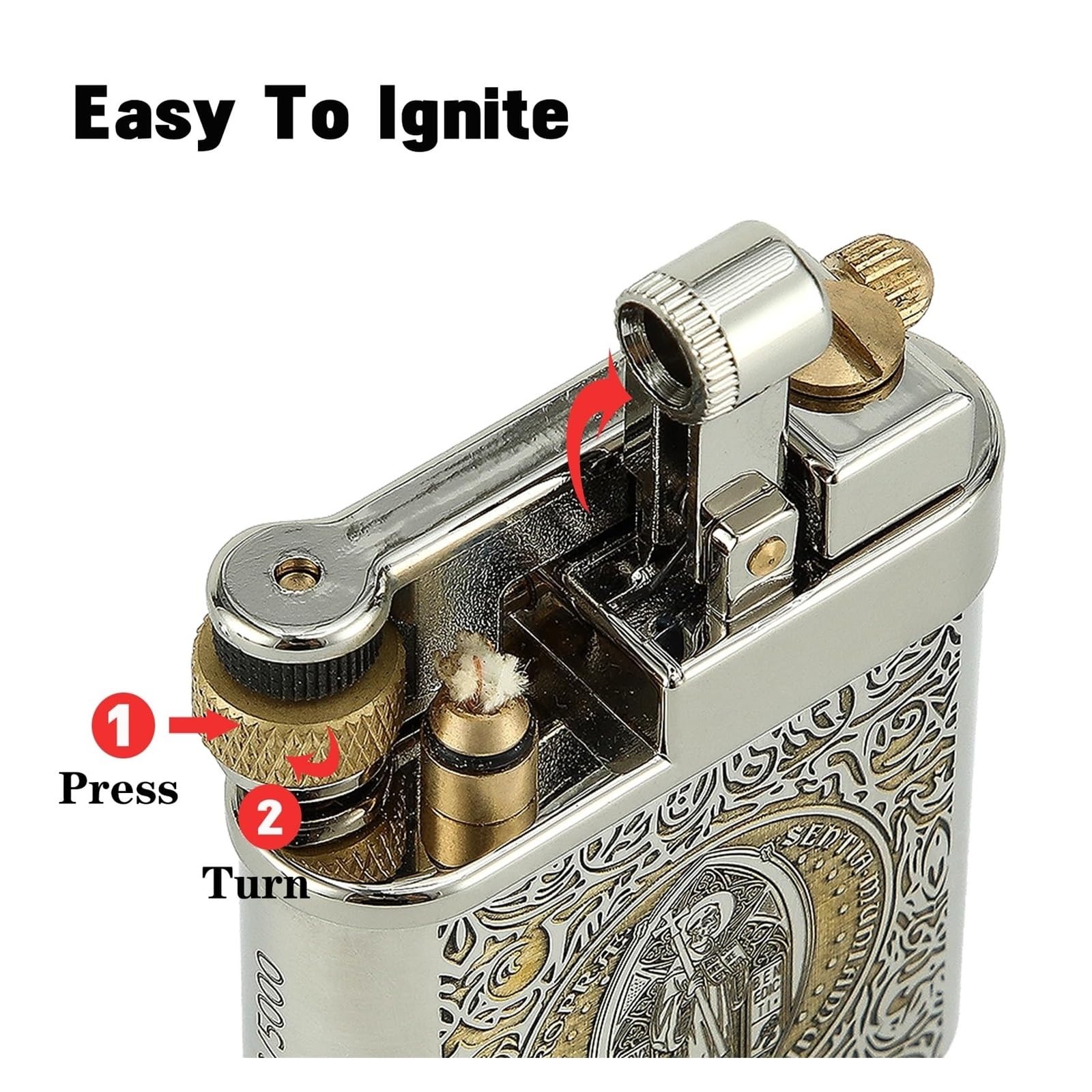 Encendedor de queroseno, latón vintage, grabado de doble cara, diseño de metal recargable, para hombres, papá, marido, elegancia y funcionalidad combinadas