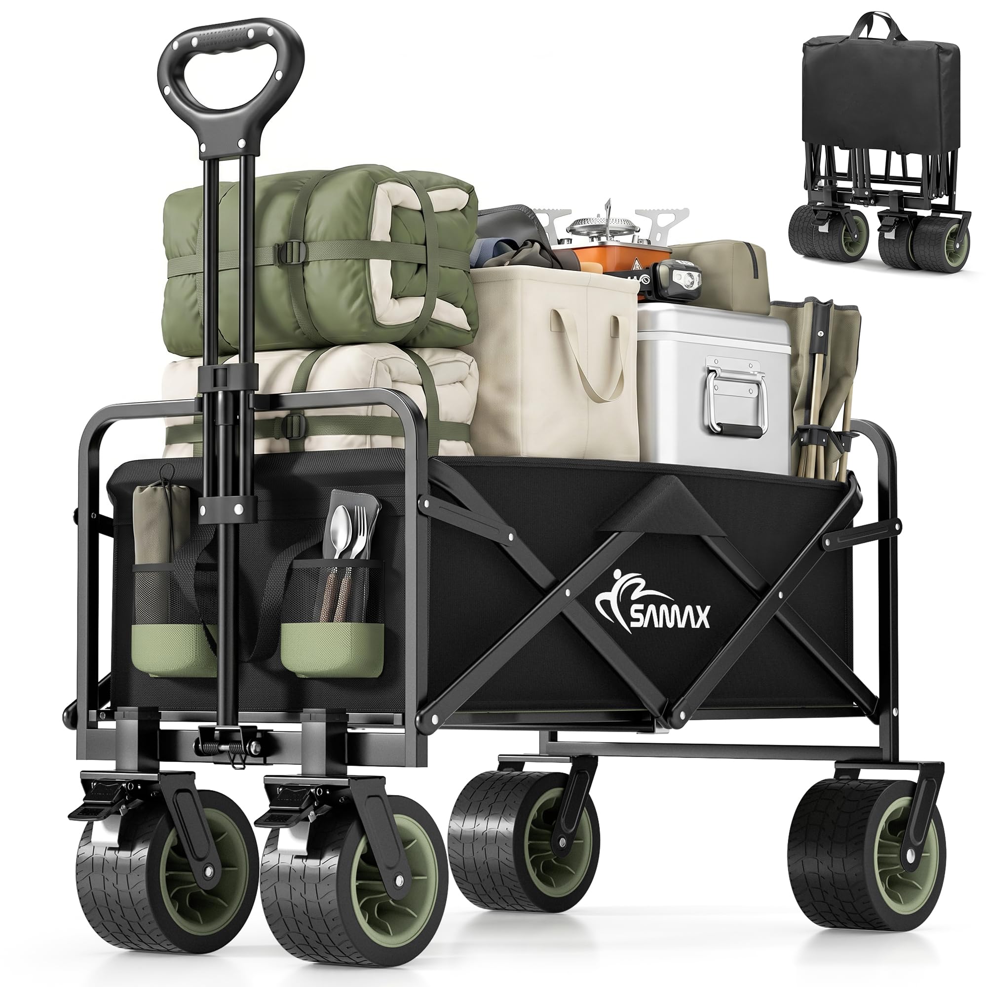 SAMAX Carrito de Offroad a Mano Plegable Coaster Carretillas de Jardín Playa de Carro Offroad 200 kg - Camping Edition Negro/Verde Matcha
