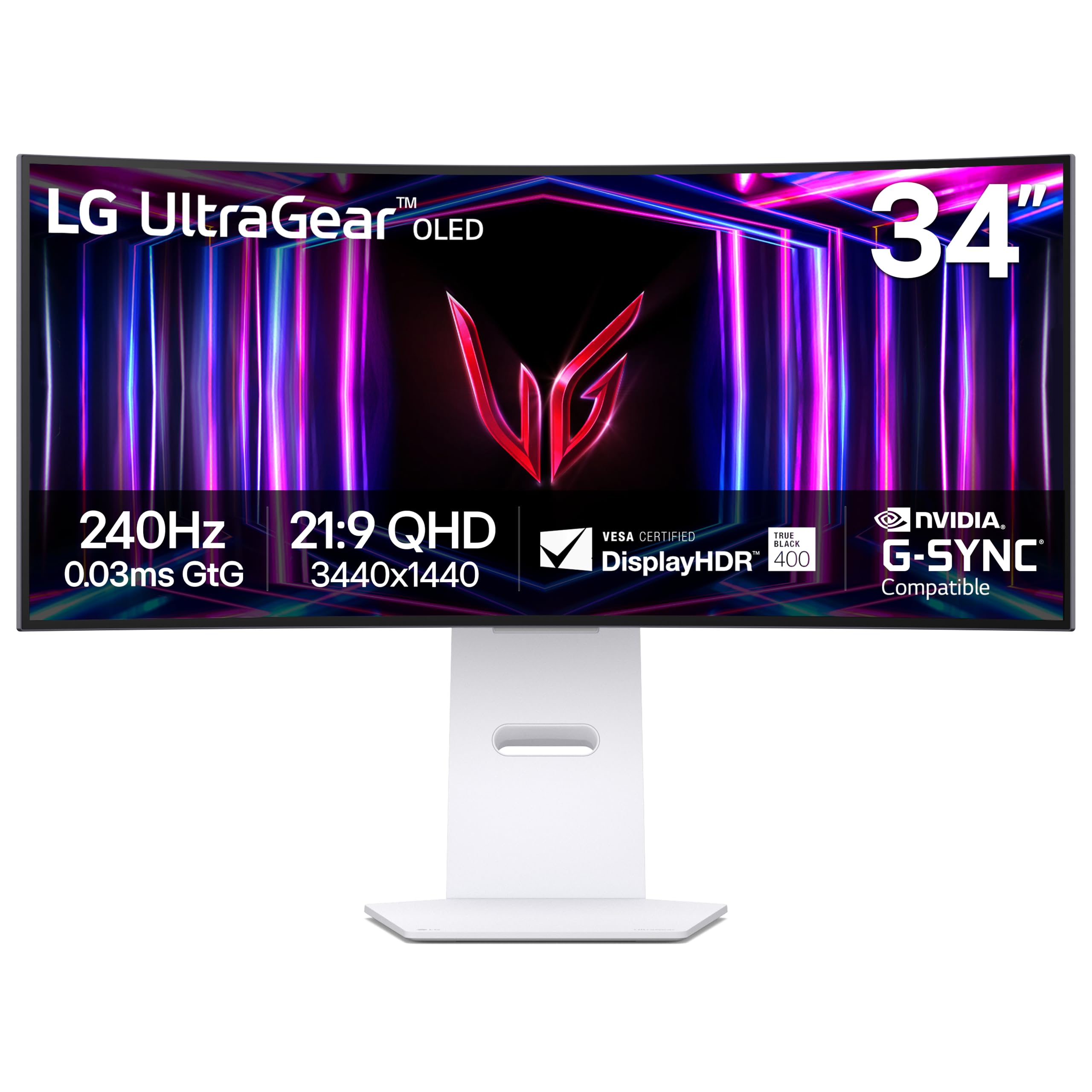 34GS95QE 34-inch Ultragear OLED Curved Gaming Monitor WQHD 800R 240Hz 0.03ms DisplayHDR True Black 400 AMD FreeSync Premium Pro NVIDIA G-Sync HDMI 2.1 DisplayPort Tilt/Height/Swivel Stand White