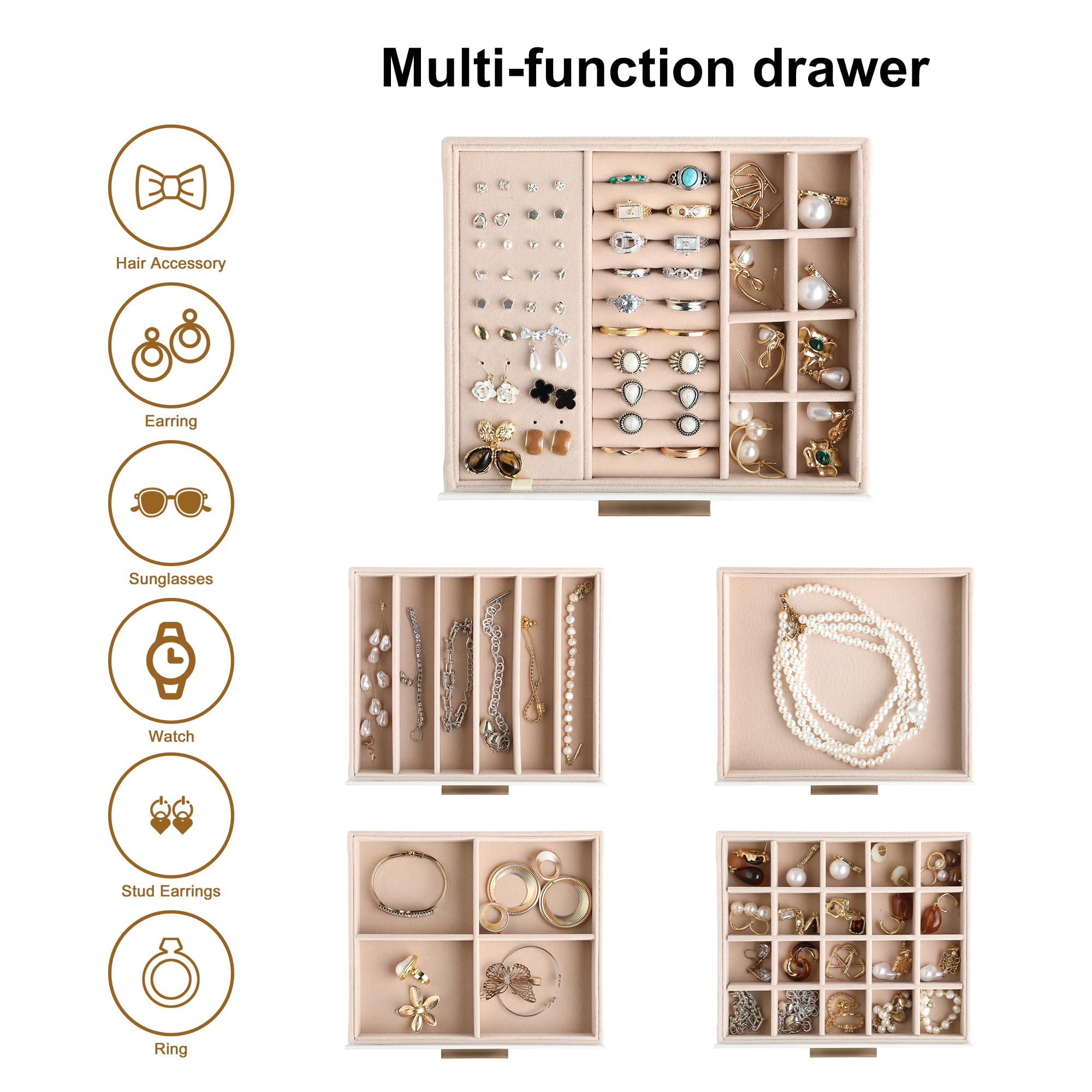 Joyero con tapa transparente, organizador de joyas de 5 capas con cajón, organizador de joyas de piel sintética y almacenamiento, cajas de joyería para mujeres, almacenamiento de joyas para 4