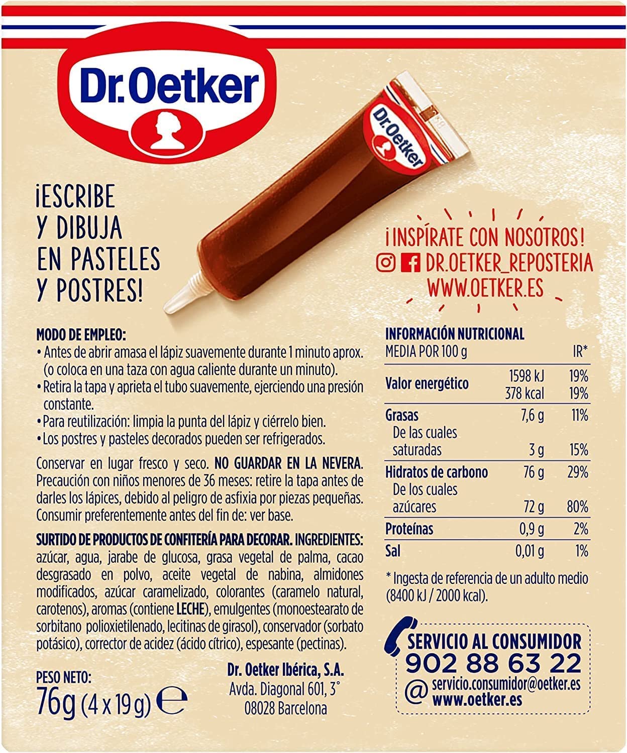 Dr. Oetker Lápices Pasteleros de Chocolate 4 Pack Repostería Decoración Pasteles Galletas