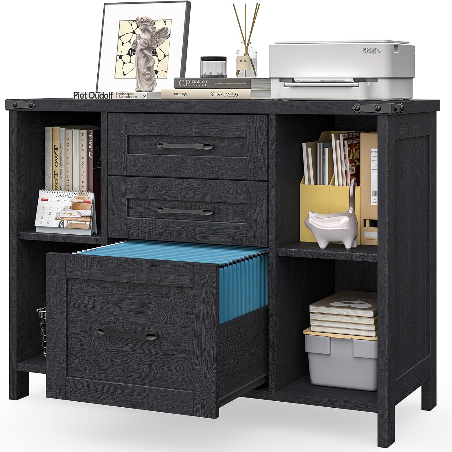 Vabches File Cabinet with 3 Drawers, Farmhouse Lateral File Cabinet Fits Files Letter/A4 Size, Wooden Filing Cabinet with Adjustable Shelves Printer Stand for Home Office, Black - Image 8