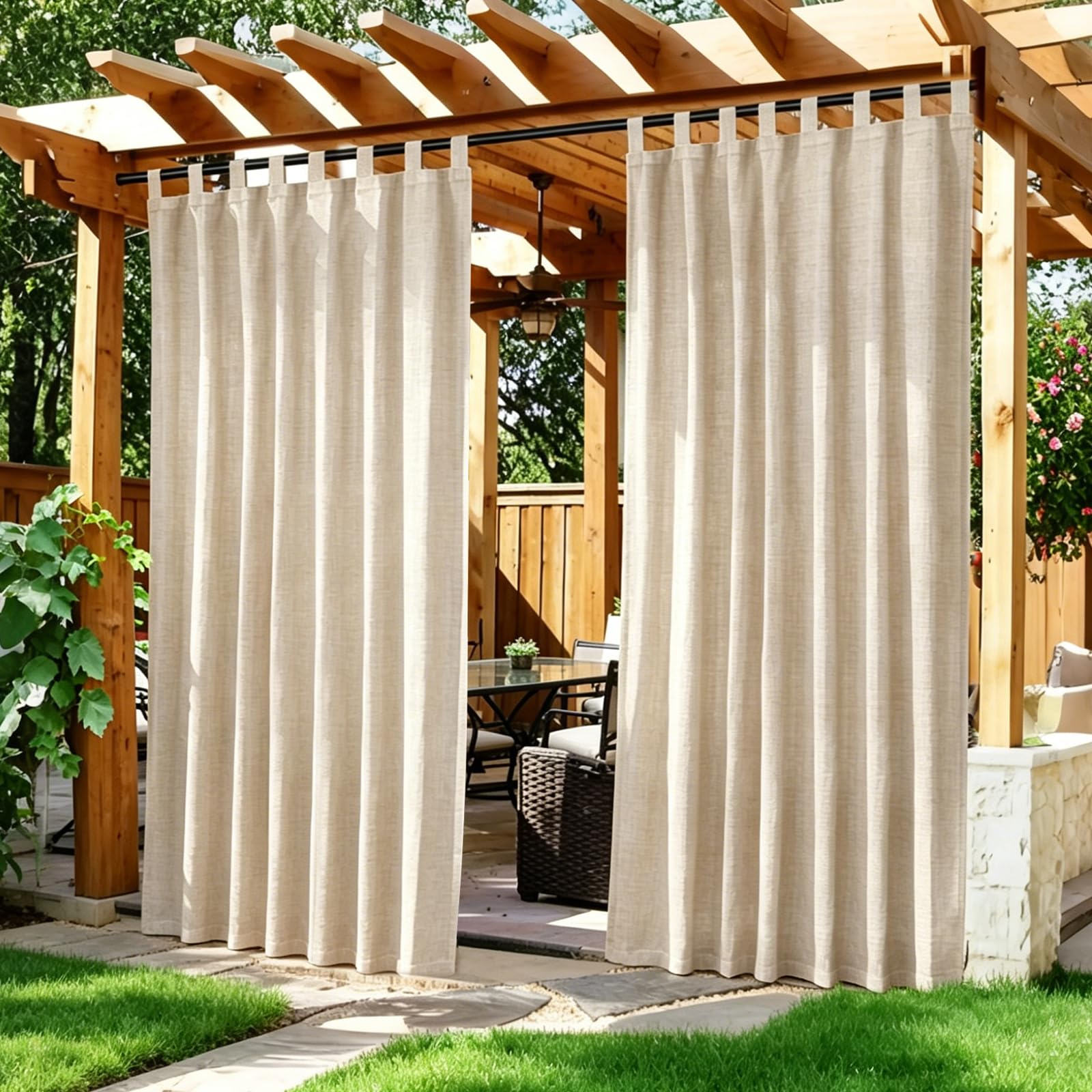 2 Pièces Rideaux D'extérieur, Rideau Extérieur Intempéries Et Étanche, Rideau Pour Pergola Avec Œillets Et Fermeture Velcro, Rideau Terrasse Aux Occultants Pour Jardin, Pergola, Balcon, Lin, 132*244cm