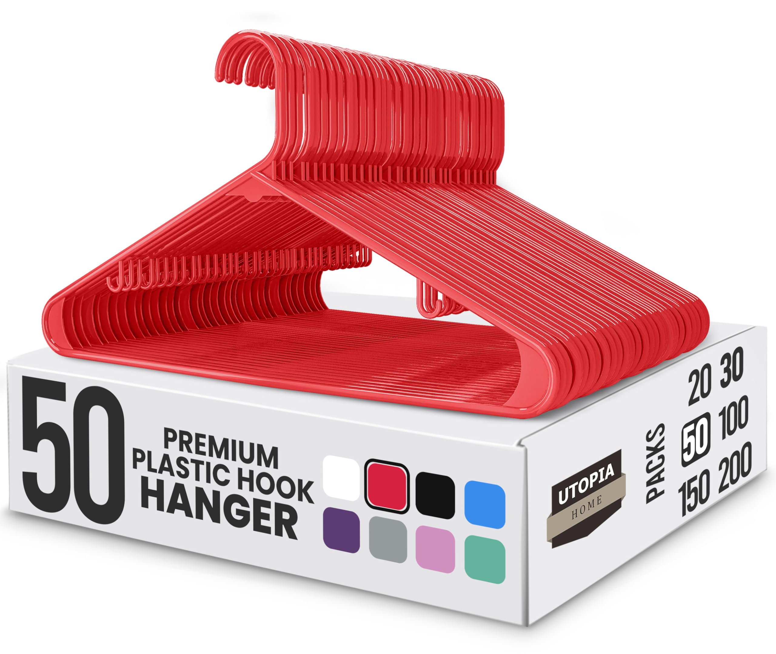 Utopia Home Plastic Hangers 50 Pack - Clothes Hanger with Hooks - Durable & Space Saving Coat Hanger - Heavy Duty Skirt Hangers (Red) — image 1