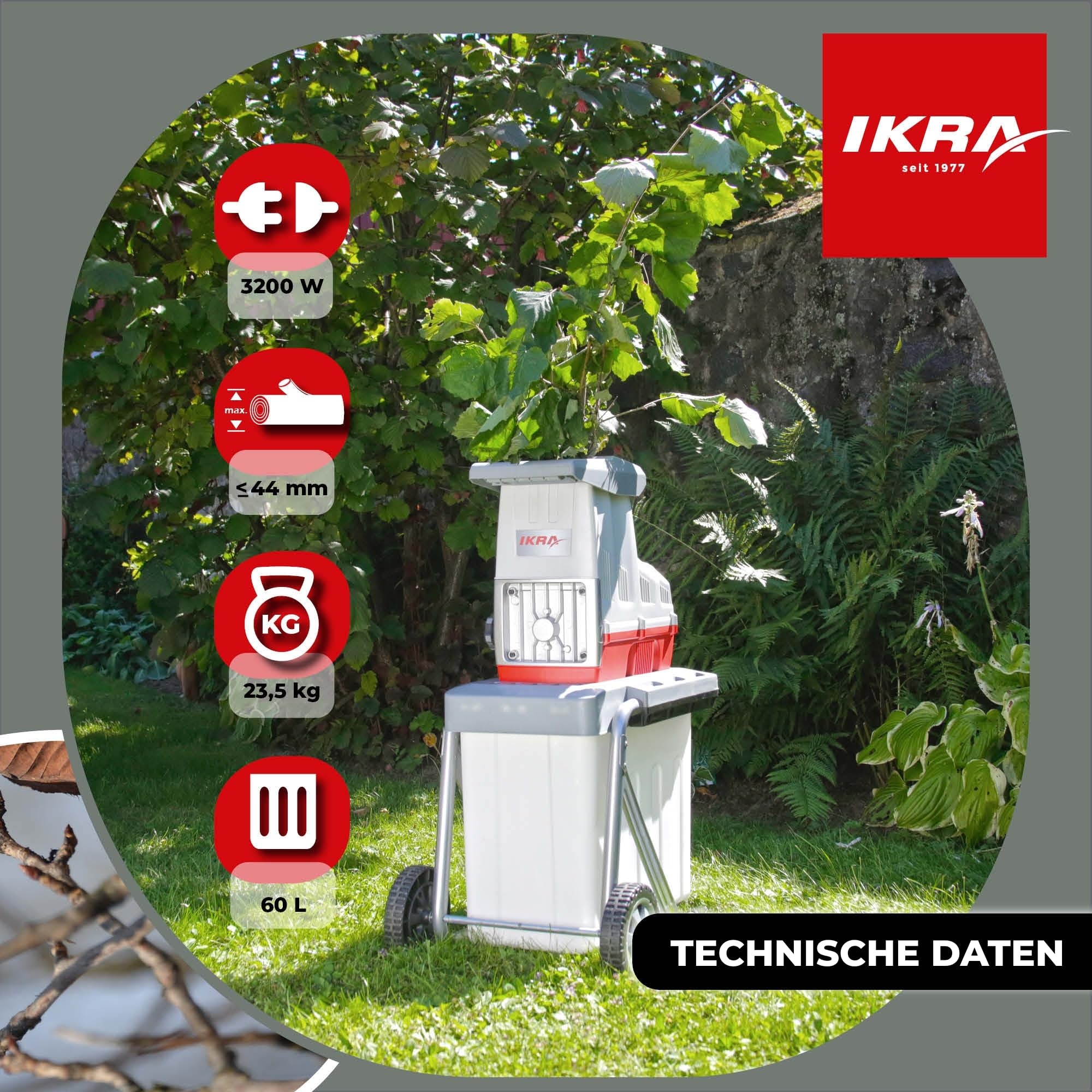 IKRA Elektro Gartenhäcksler Walzenhäcksler ILH 3200A, 3200 Watt, Aststärke bis 44mm