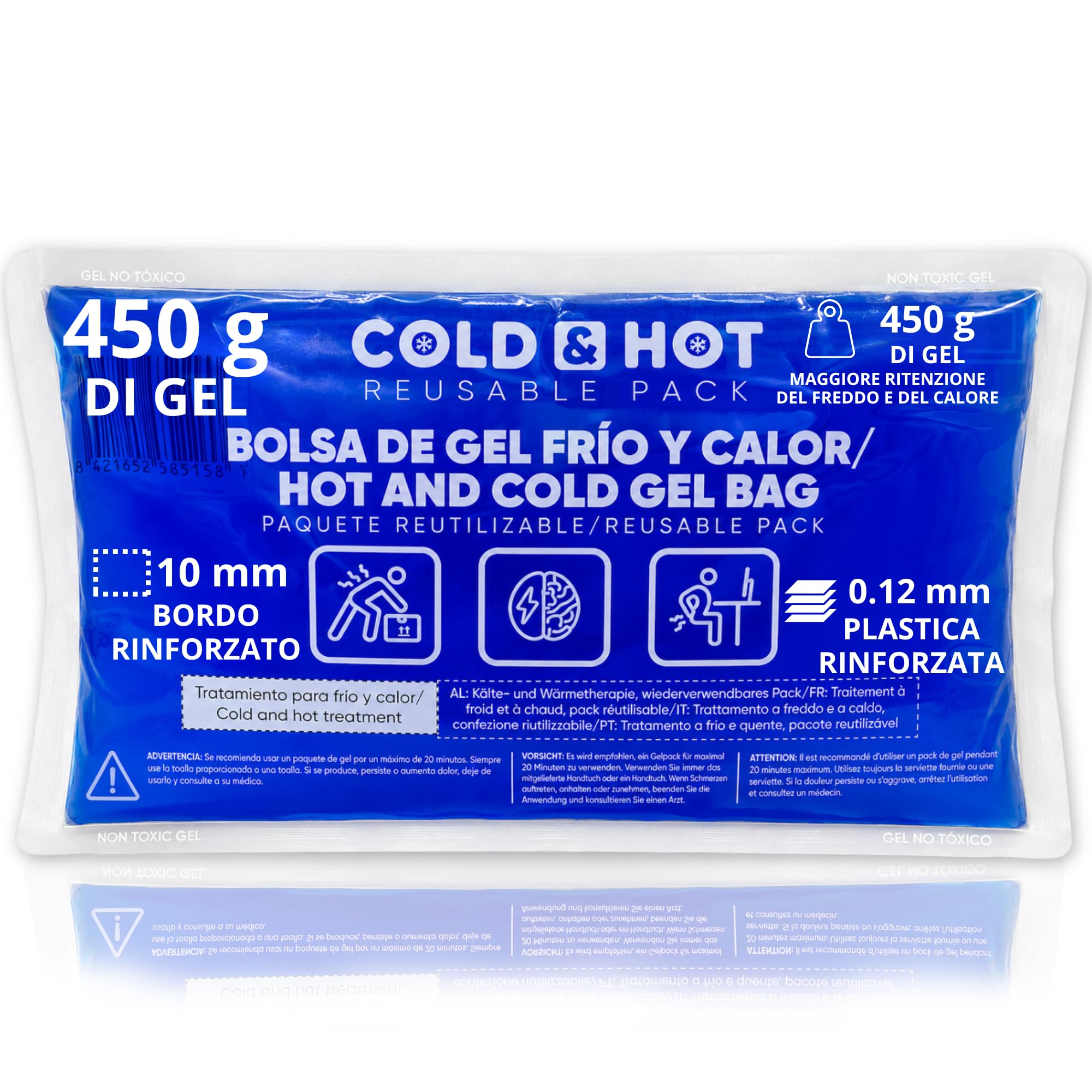 Ghiaccio Gel Riutilizzabile (26 x 15 cm) - Compressa fredda calda - Multifunzione - Ideale per Terapie, Dolori Muscolari, Febbre e Lesioni Sportive - Adatta per Frigorifero e Microonde.