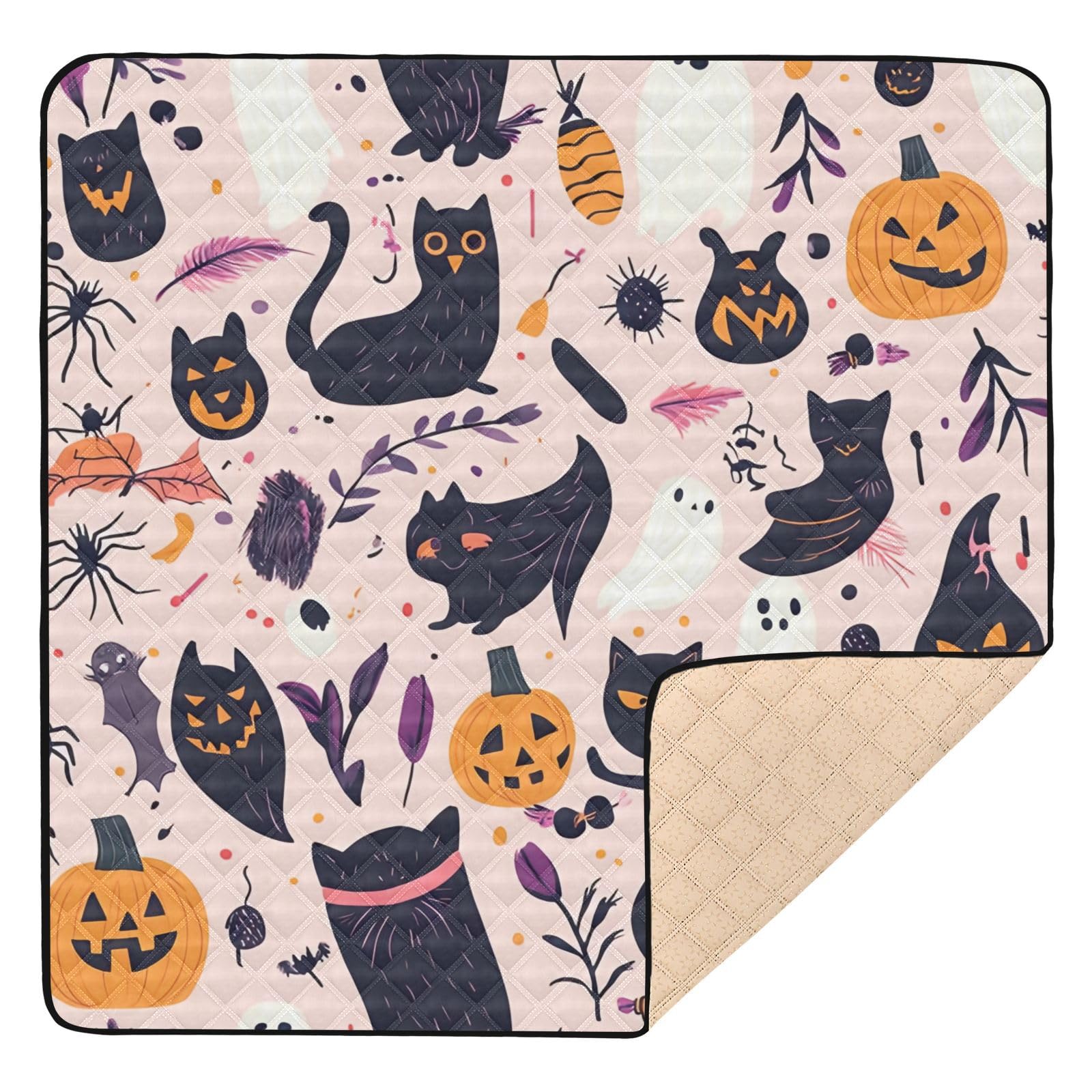 BOESI Halloween Pumpkin & Black Cat Baby Play Mat, 50“ X 50” Washable Folding Crawling Mat, Baby Floor Mat, Soft, Non-Slip