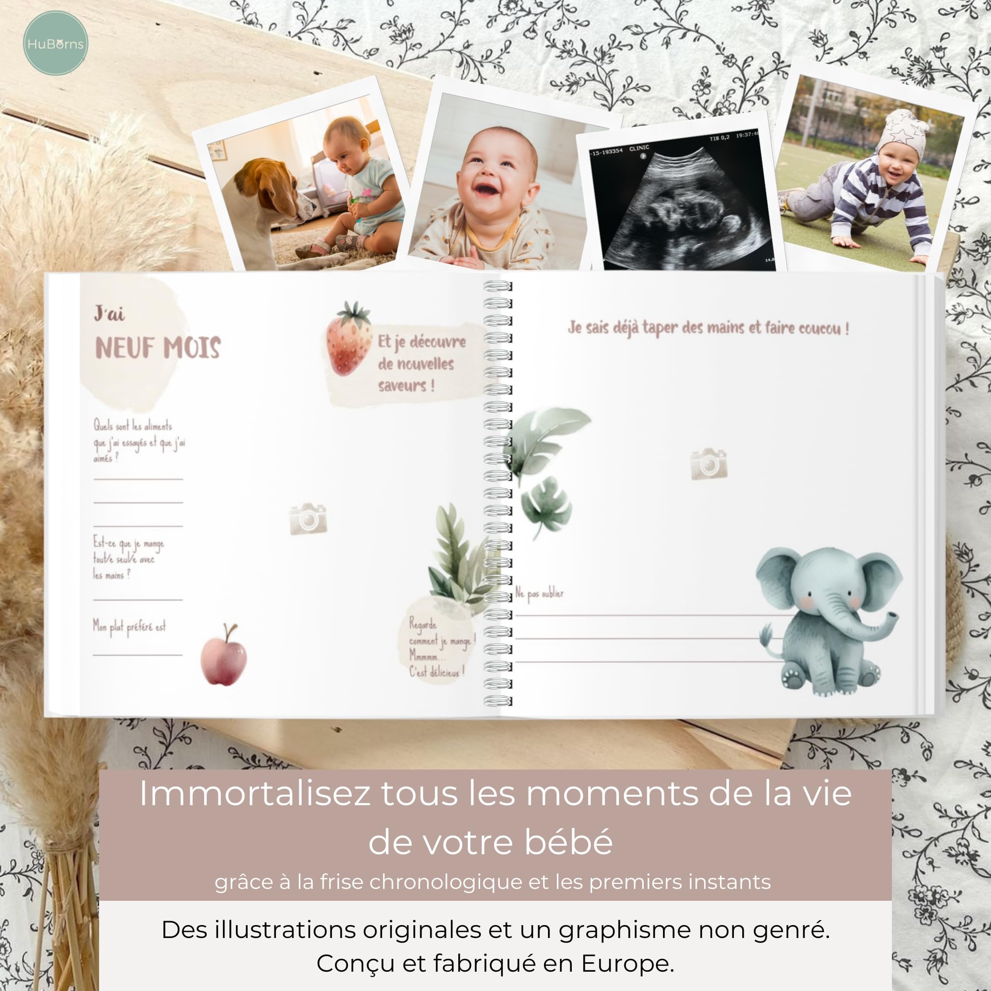 HuBorns - Livre de Naissance Bébé pour Coller des Photos et Écrire avec +50 Pages et Autocollants, Album Photo Bebe de Première Année jusqu'à ses 5, Idéal comme Cadeau Naissance (Amis, Français) - 4