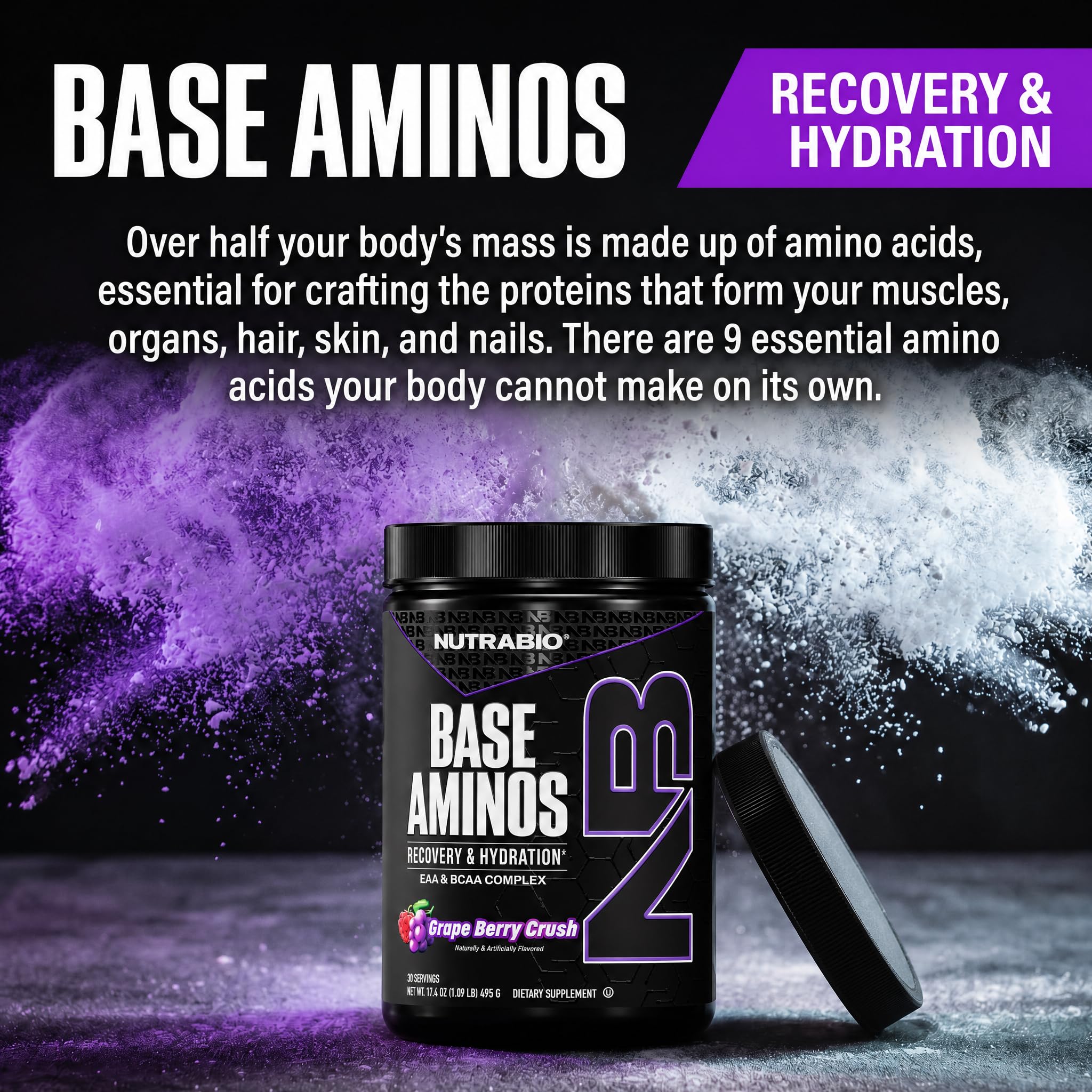 NutraBio Base Aminos EAA + BCAA Powder –10g Essential Amino Acids Supplement, 6g 2:1:1 BCAAs, 2.8g Hydration Matrix with Electrolytes & Absorption Enhancer AstraGin® – Grape Berry Crush — Amazon image 4