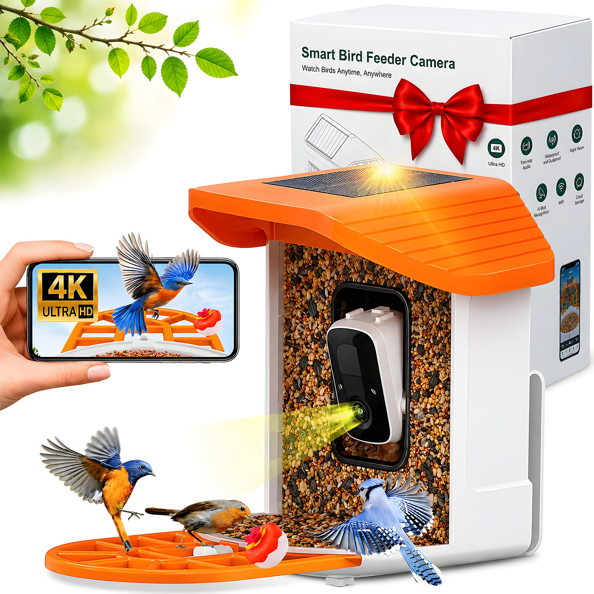 Comedero solar para pájaros con cámara de 145° de ancho 2K QHD, visión nocturna, aplicación – Comederos de pájaros colgantes exteriores con más de 11.000 especies de reconocimiento de especies de IA