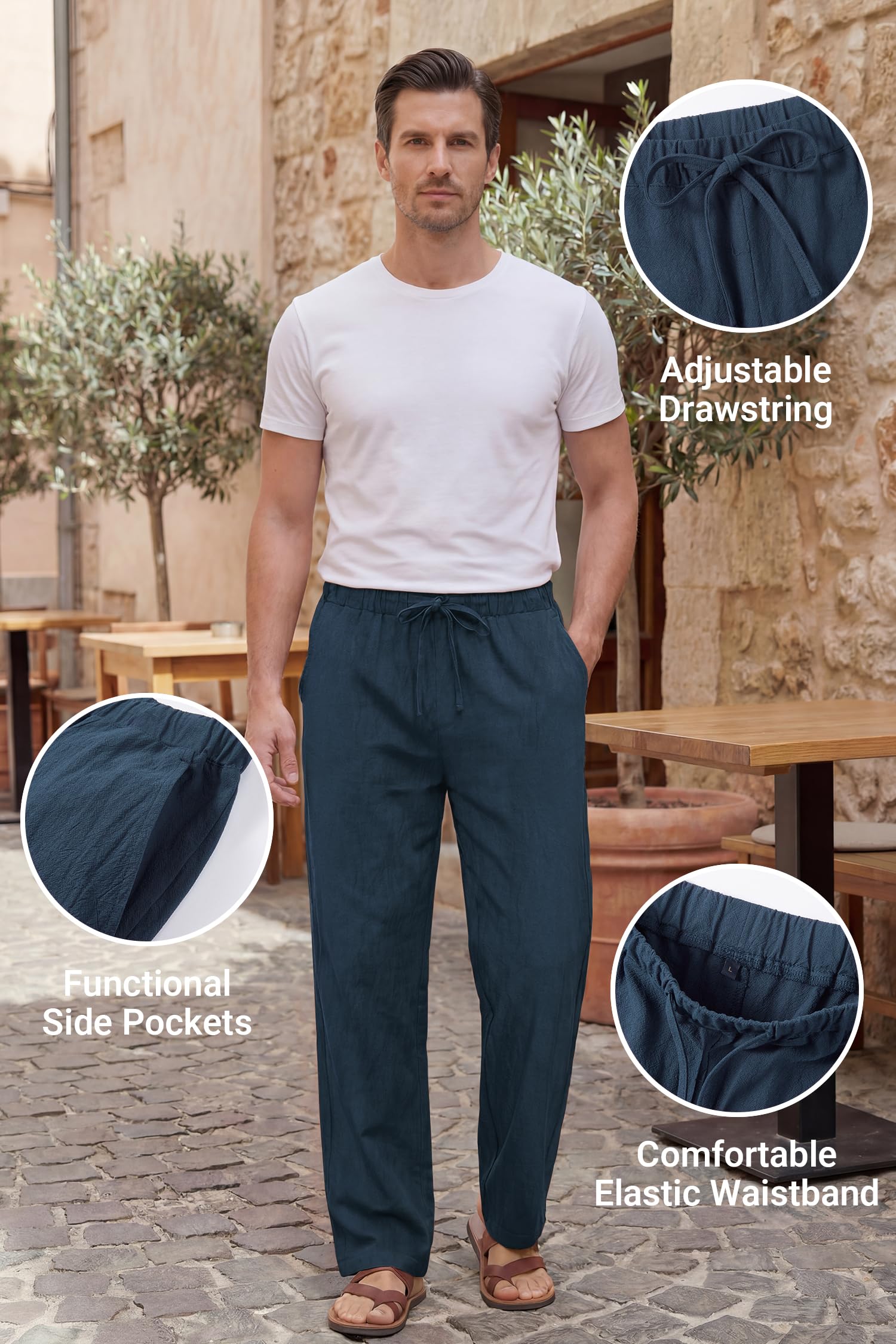 Enlision Pantalones Lino Hombre Verano Cintura Elástica Pantalones de Lino Hombre Casual con Bolsilos Ligeros S-2XL