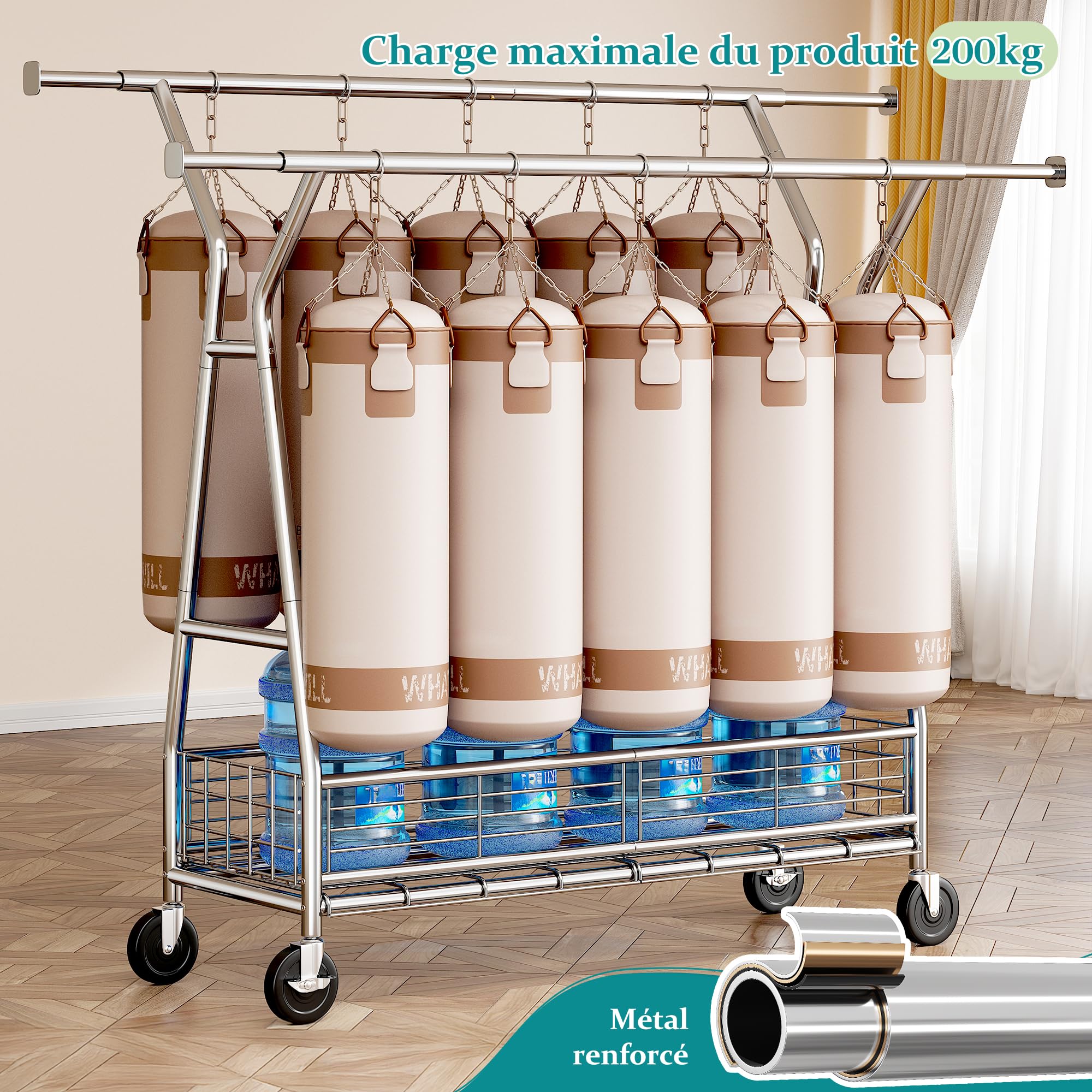 Portant à Vêtements Solide à Roulettes avec Panier, charge 200KG