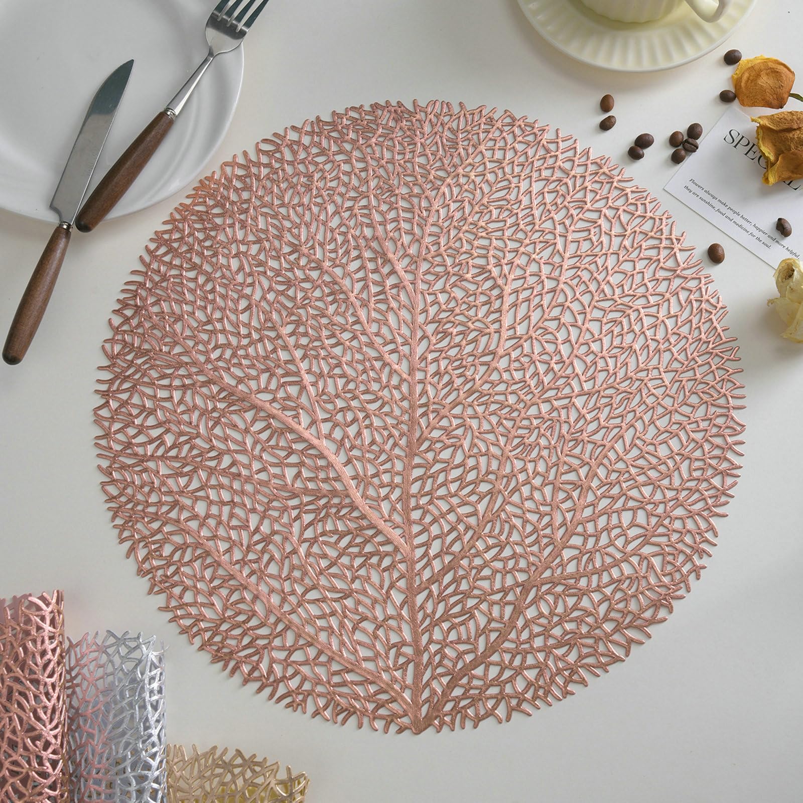 Manteles individuales redondos - Juego de 10 manteles individuales de cocina lavables al vacío con motivo de árbol, manteles individuales de PVC no resbaladizos resistentes al calor, oro rosa