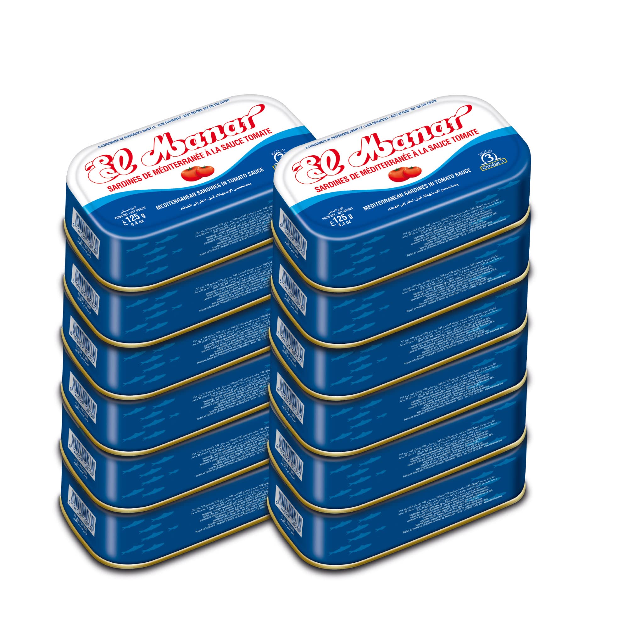 Canned Sardines Tomato Sauce - Canned Mediterranean Sardines without Heads from El Manar - 12-Pack of 125g Cans (Tomato Sauce)