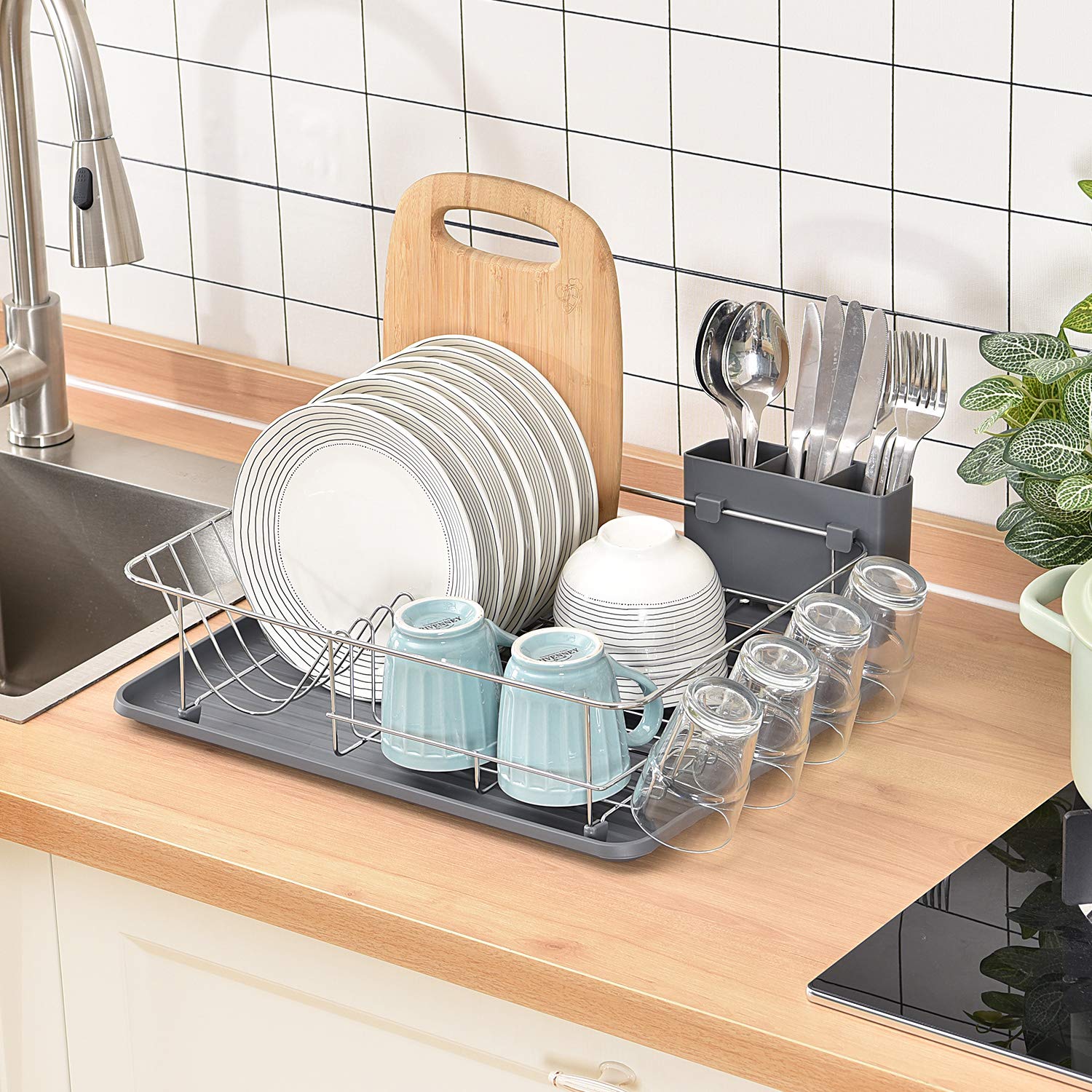 Kingrack Dish Drainer with Drip Tray,Grey Dish Rack with Large Capacity