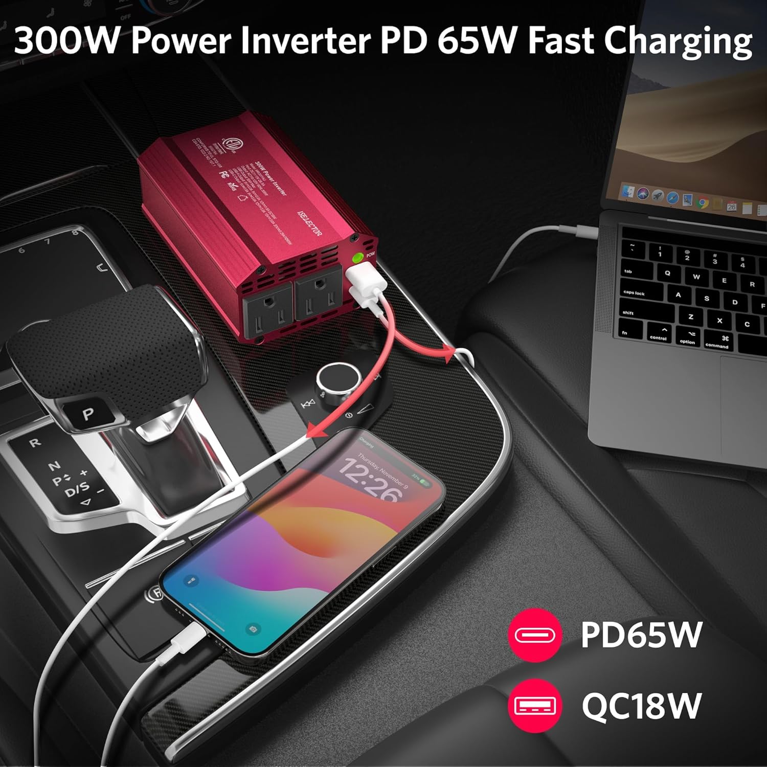 300W Power Inverter DC 12V to 110V AC Car Outlet Adapter with USB-C[PD65W] & USB-A[QC18W] Fast Charging Ports and Dual AC Outlets Car Power Inverter for Phone, Laptop on Road Trip