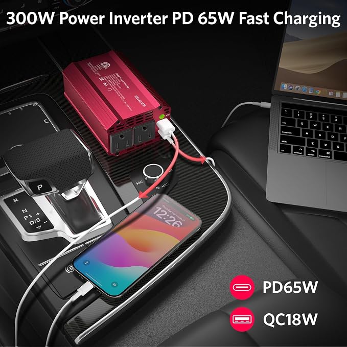 Inversor de Corriente 300W DC 12V a AC 110V con USB-C y USB-A miniatura 3