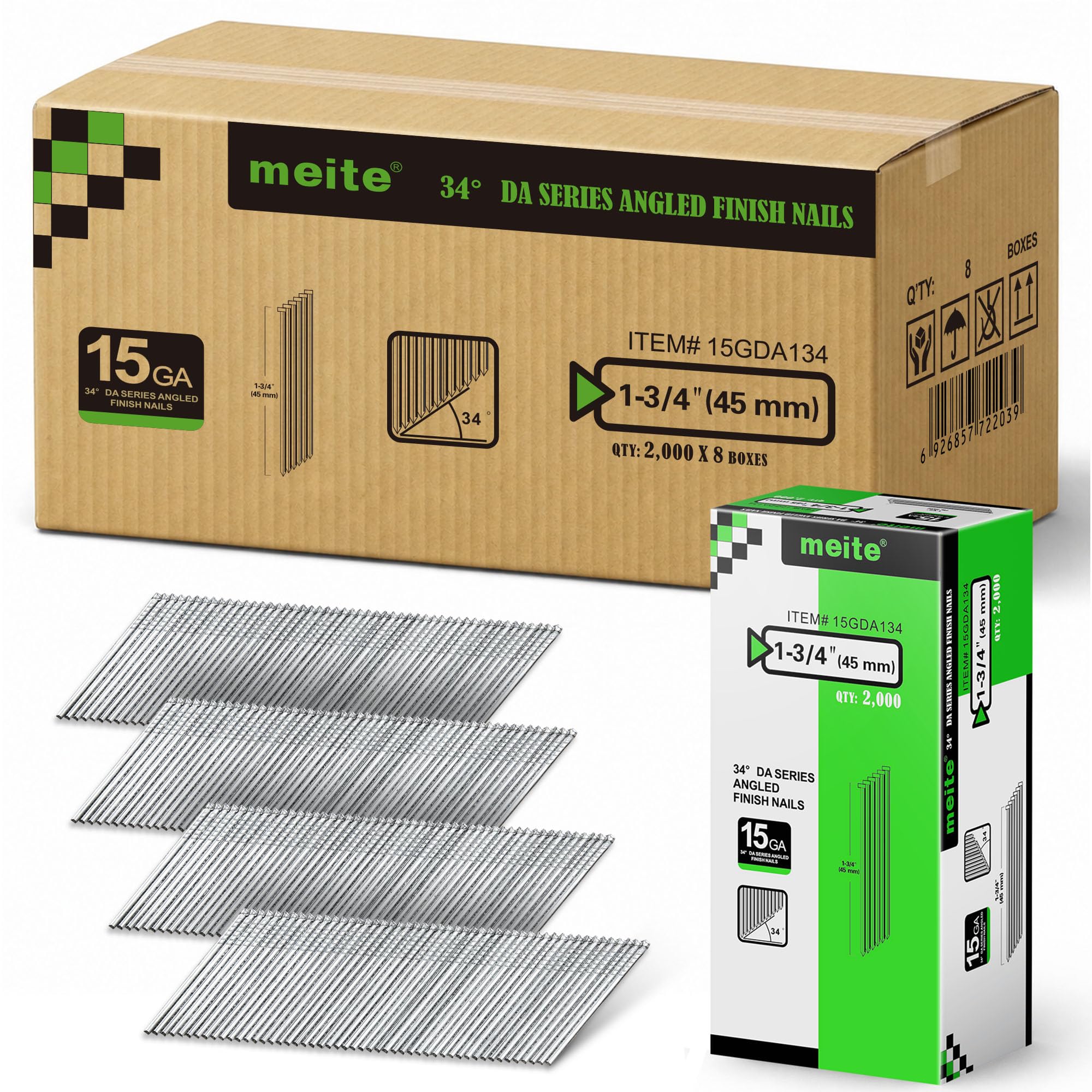 meite 15 Gauge Angled Finish Nails 1-3/4 Inch 34 Degree Galvanized 16000PCS