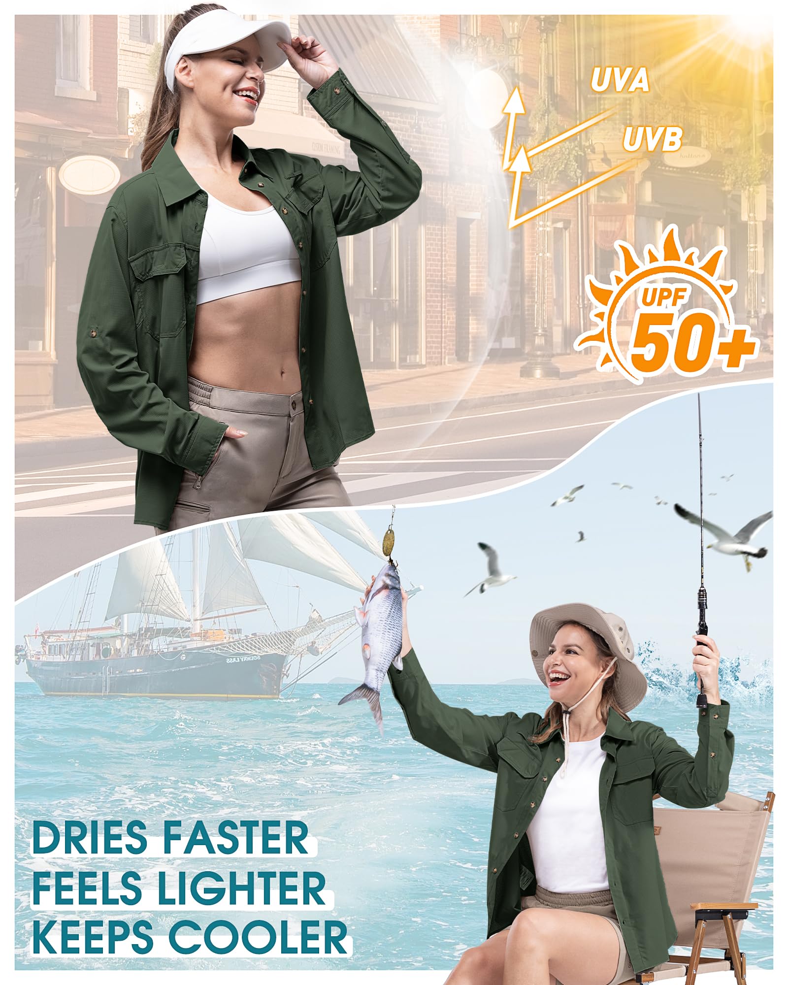 33,000ft Camicia da donna UPF50+, protezione UV, ad asciugatura rapida, per il tempo libero, a maniche lunghe, funzionale, per pesca, safari, viaggi, golf, verde scuro, L
