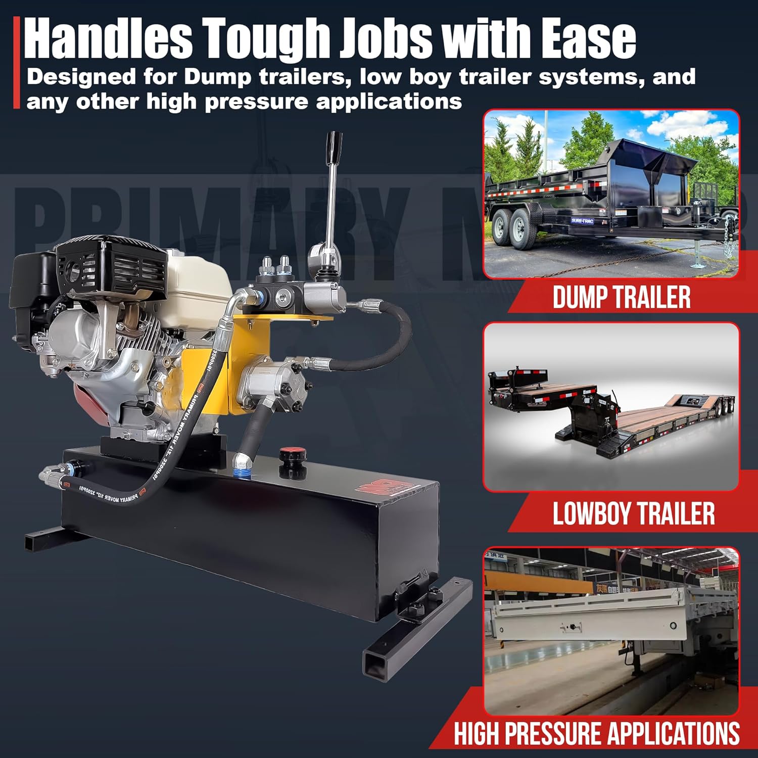 Primary Mover Gas-Powered Hydraulic Power Unit – Honda GX200, 5-Gallon Reservoir (15 Qt Usable), Double Acting, Single Valve, Pull Start – 3200 PSI Max (Pull Start, 5 Gallon Single Acting)