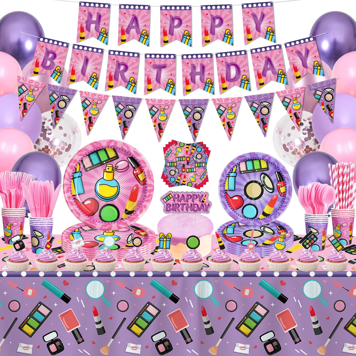 234 Pcs Spa Party Decoration Makeup Birthday Party Supplies Makeup Party Tableware Paper Dinnerware Makeup Theme Favors for Princess Sweet Make up Birthday Party Decoration Baby Shower Serves 20