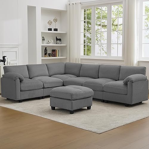 Miniatura 22 de Sofá nube seccional en forma de V de 114 pulgadas con otomana, sofás modulares de 7 plazas para sala de estar, sofá de pana de gran tamaño con