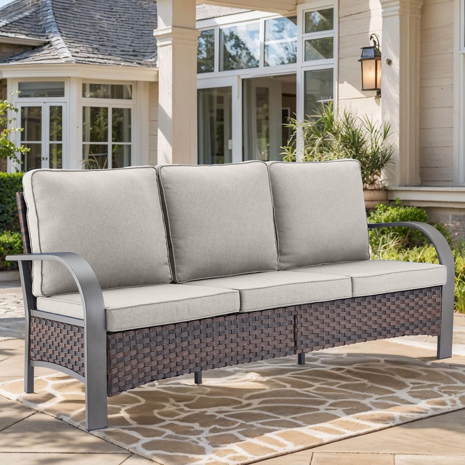 (back sofa piece only)HUMMUH Wicker Patio Sofa-High Back Rattan Couch with Olefin Fabric Cushions Outdoor Furniture for Deck Porch Lawn Garden Backyard-Brown/Beige