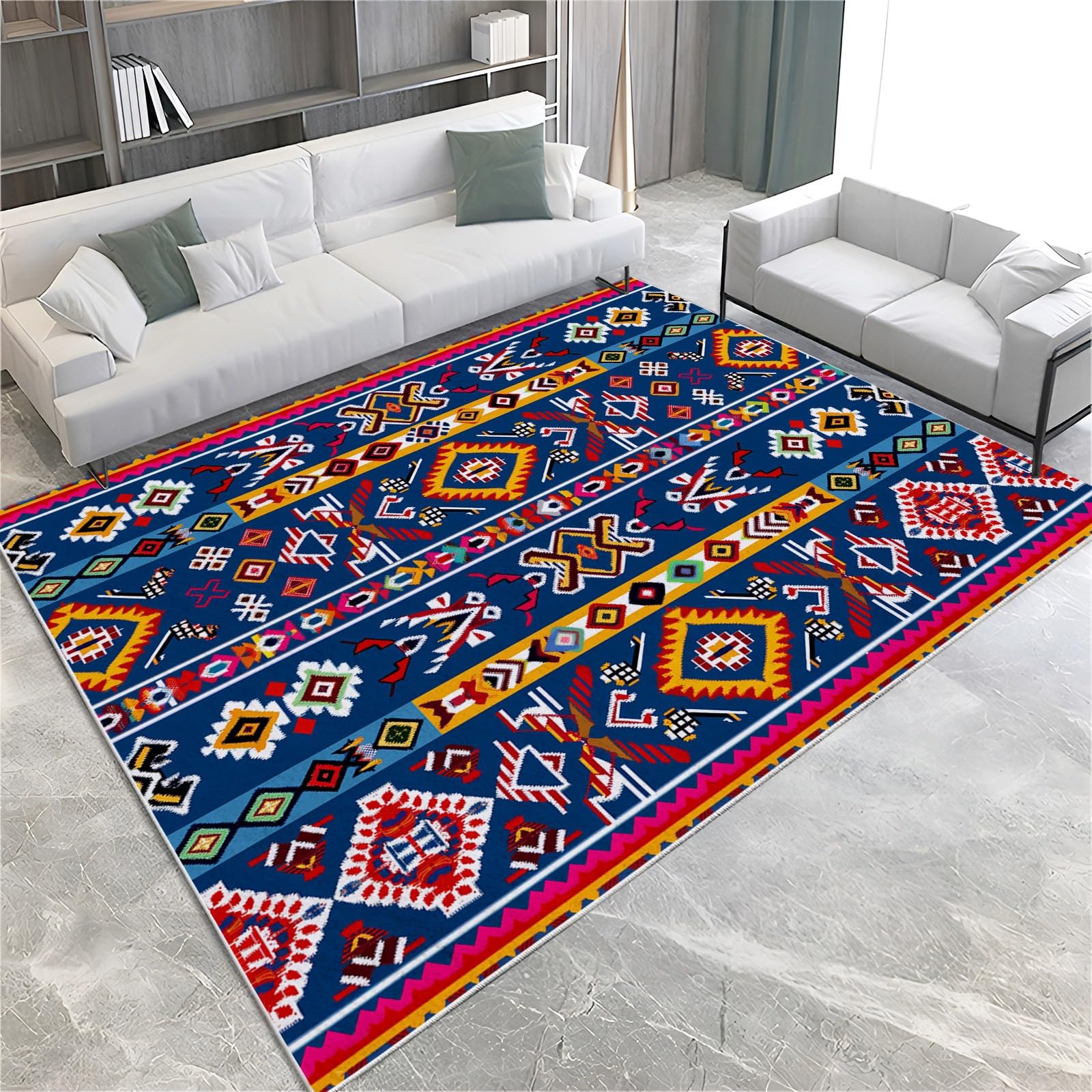 Tapis Salon 160x230cm Floral Géométrique Aztèque Tapis de Chambre Doux Moderne, Tapis Poils Ras Antidérapant, Tapis Rectangulaire, Moquette pour Enfants, Tapis De Couloir