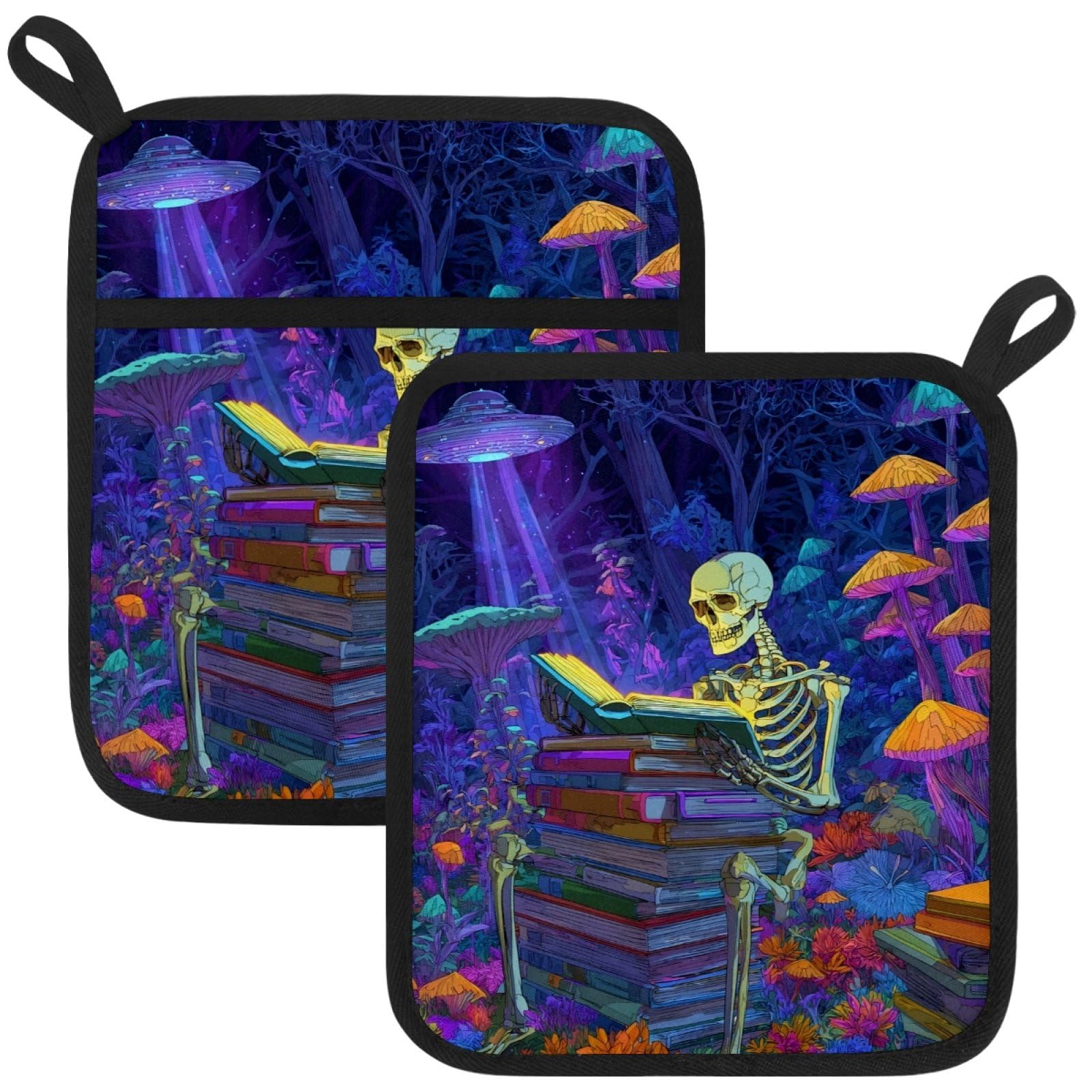 VAPOKF Skeleton Spaceship Pot Holders with Pocket for Kitchen Heat Resistant Potholders Large Polyester-Cotton Square Oven Mitts Set