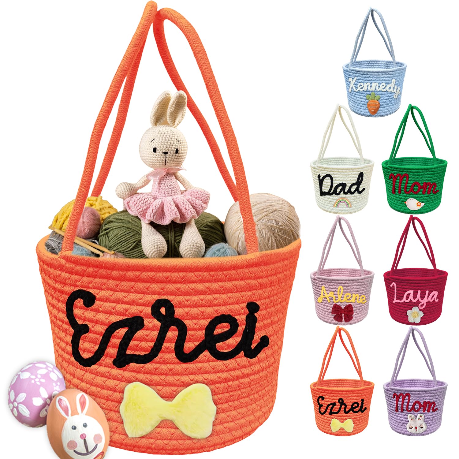 Personalized Easter Baskets Custom Easter Buny Basket with Name Handle Customized Easter Egg Hunt Bag Cute Rabbit Buckets Easter Gifts Orange
