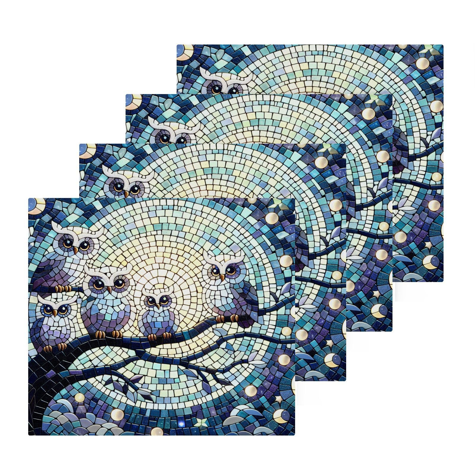 Flradish 4 Pack Moonlight Owls Mosaic Pure Cotton Washcloths 12 x 12 Inch Reusable Absorbent Soft Cotton Face Towels Fingertip Towels Set for Gym Towels,Hotel and Spa