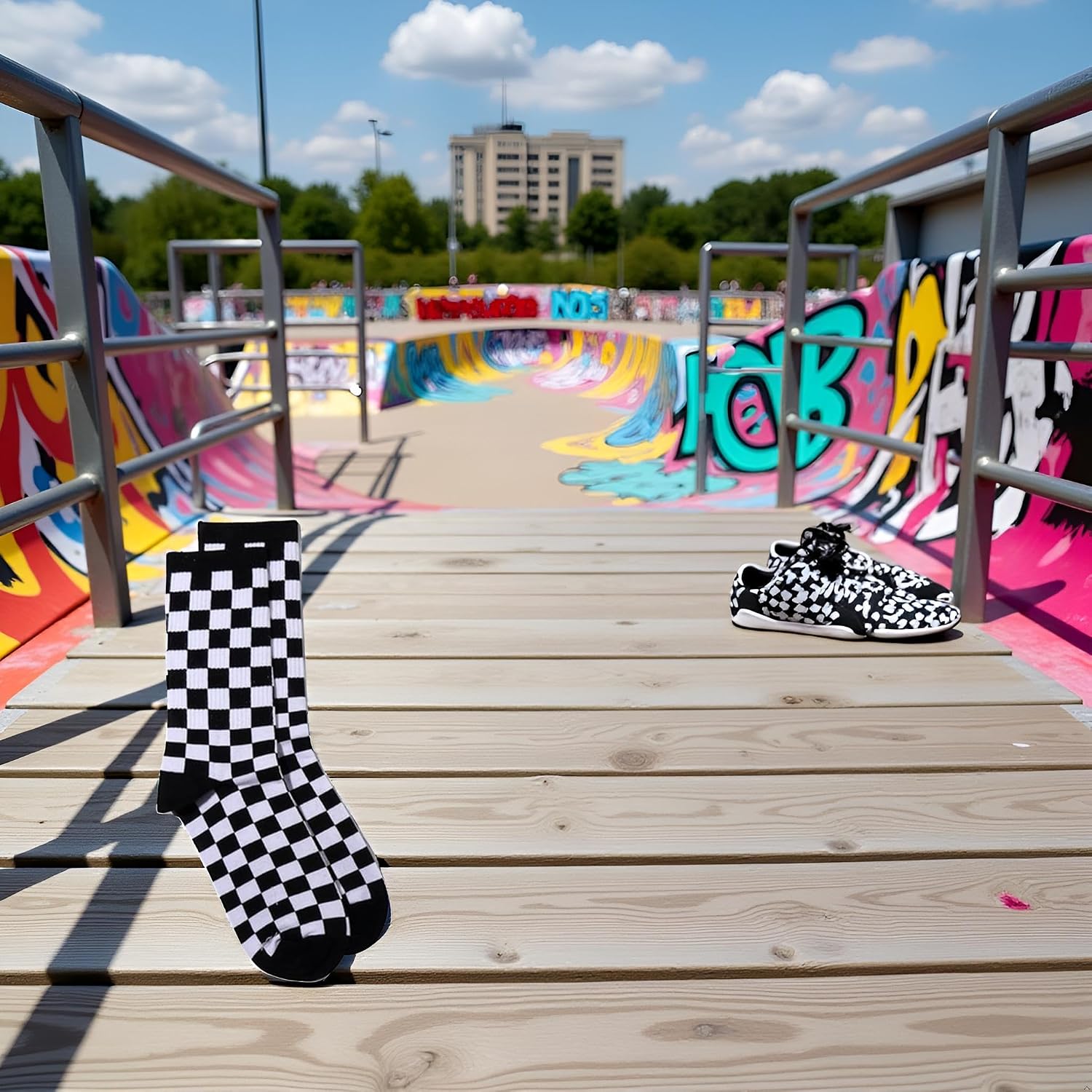 GANPUB 1Pair Fashion Harajuku Trends Checkerboard Socks Geometric Checkered Socks Hip Hop Cotton Unisex Print Skateboard Soks Easy to Wear,Novelty, Skateboard
