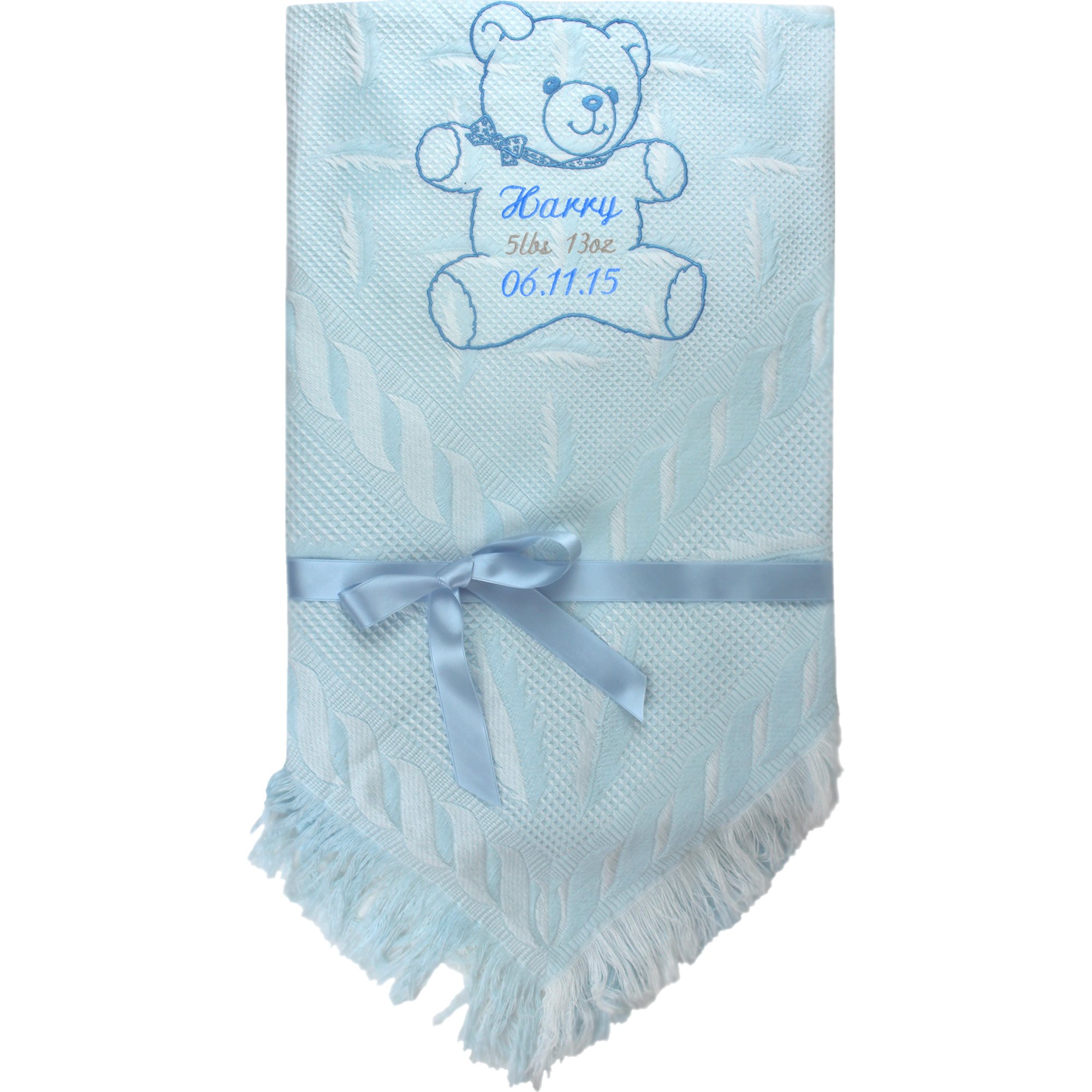 Personalised Name, Weight & D.O.B with Teddy Bear Super Soft Large Baby Shawl Blanket (Blue)