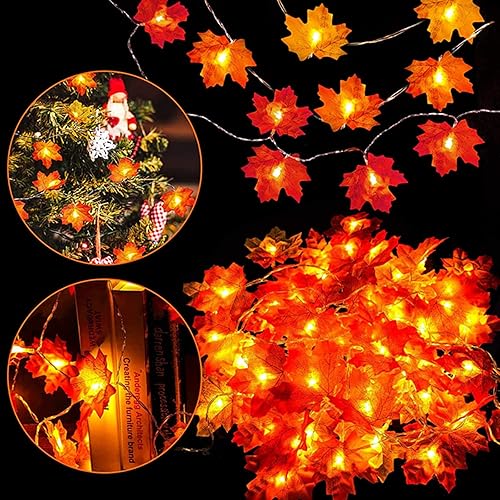 Miniatura 6 de Guirnalda de otoño con luces, guirnalda de luces de Acción de Gracias, paquete de 2 unidades, total de 20 pies y 40 luces LED de hojas de arce que