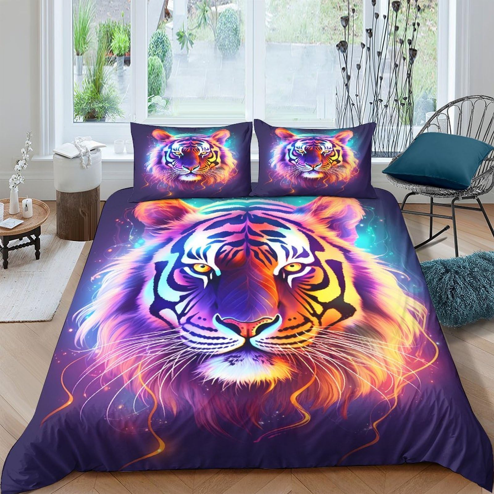 Ctjqhvkz Style-8 3D Printed Neon Tiger Fitted Sheet Microfiber Soft Vibrant Jungle Mattress Cover For Bedroom Dorm Decor Single（135X200cm）