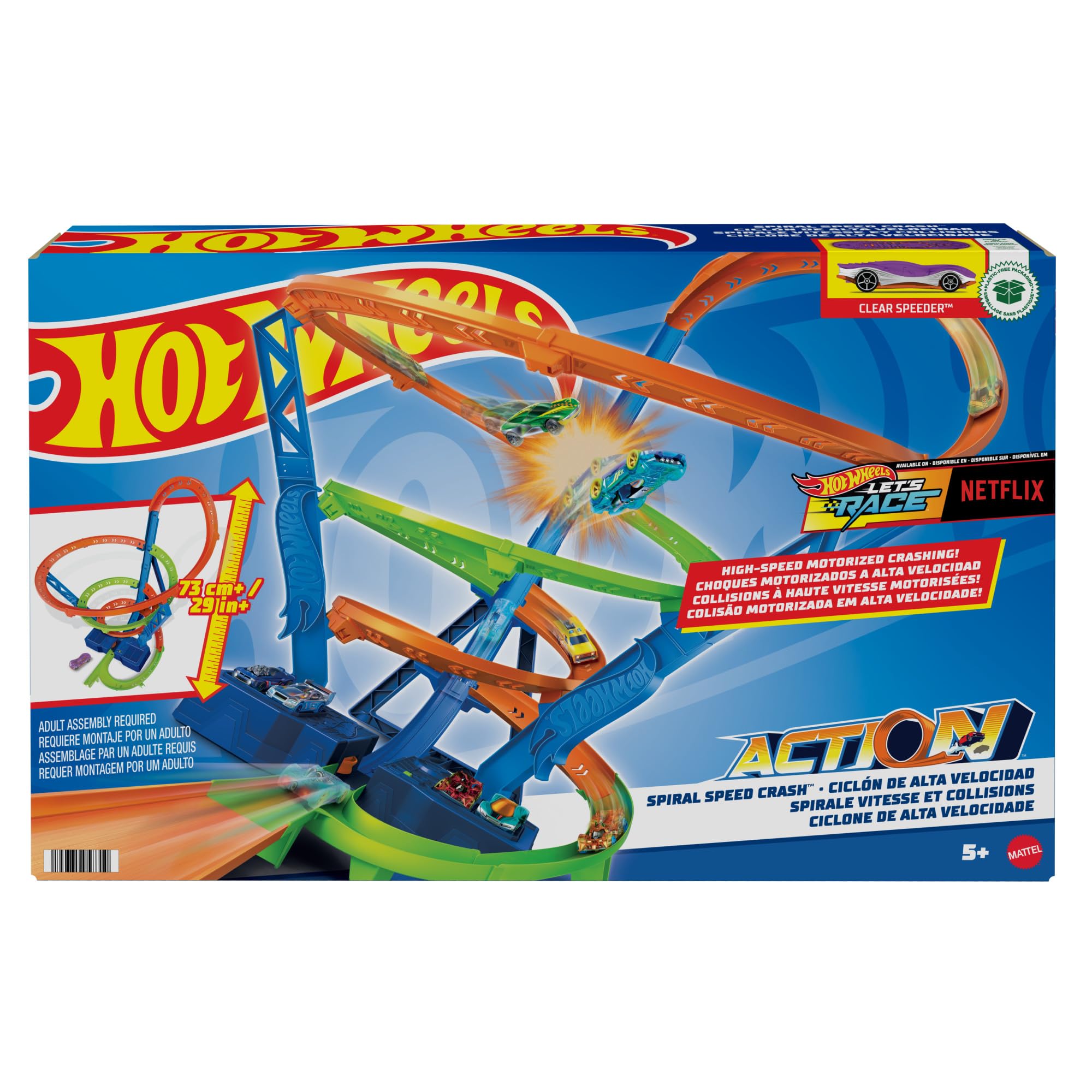 Hot Wheels HJT51 - Action Crash-Spirale Autorennbahn mit Crash-Zonen und Batterie-betriebenem Beschleuniger, enthält 1 Spielzeugauto, Spielzeug für Kinder ab 5 Jahren